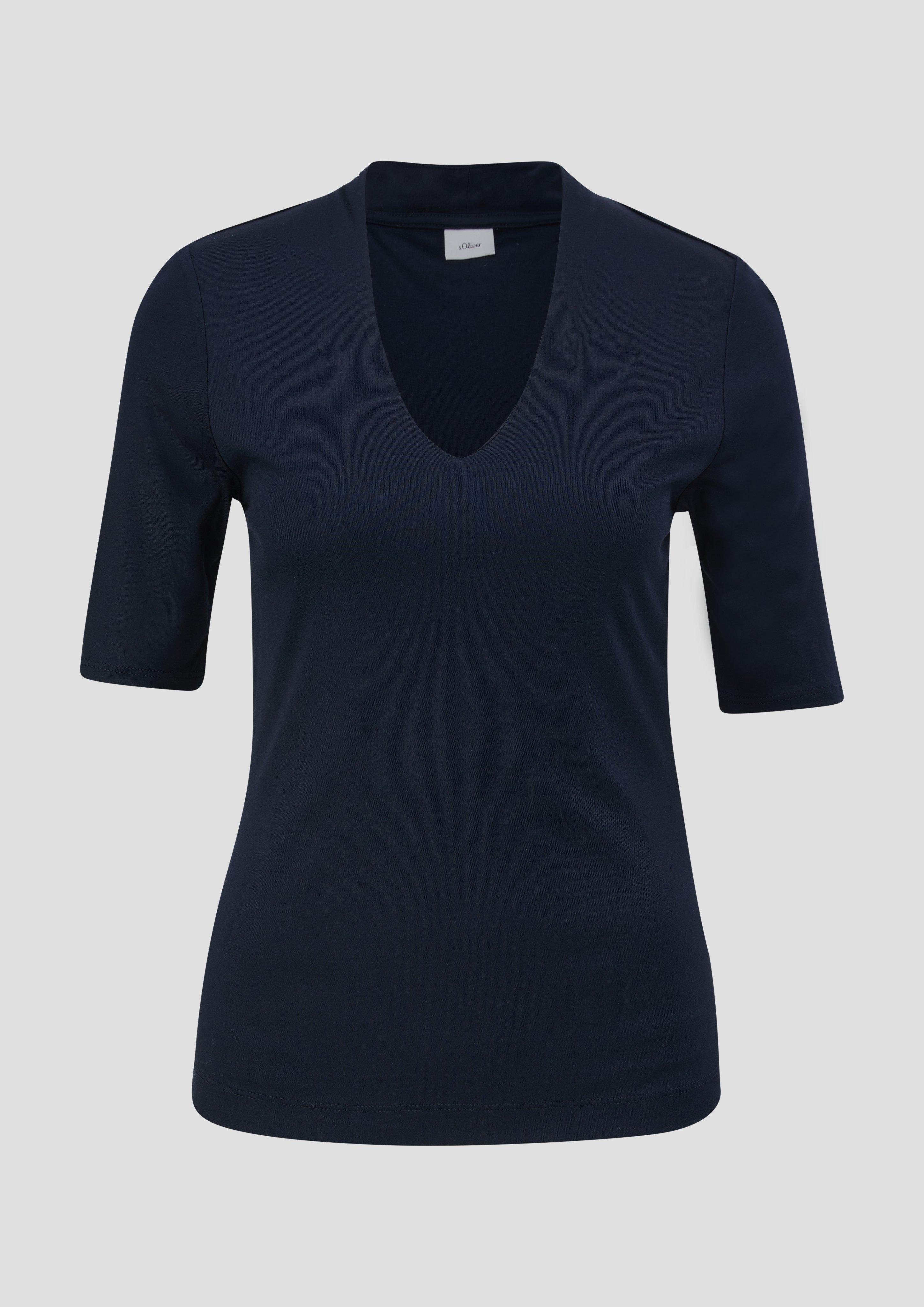 BLACK marineblau V-Ausschnitt mit LABEL Kurzarmshirt s.Oliver Raffung dunkles T-Shirt