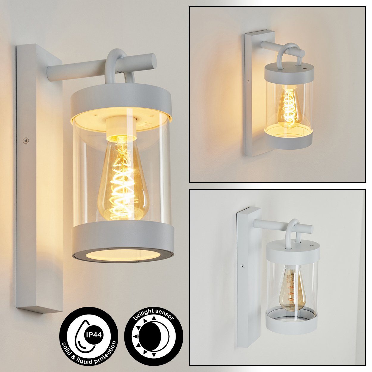 hofstein Außen-Wandleuchte moderne Wandlampe aus Metall/Kunststoff in Weiß/Klar, ohne Leuchtmittel, mit Dämmerungssensor und An-/Ausschalter, 1x E27, IP44