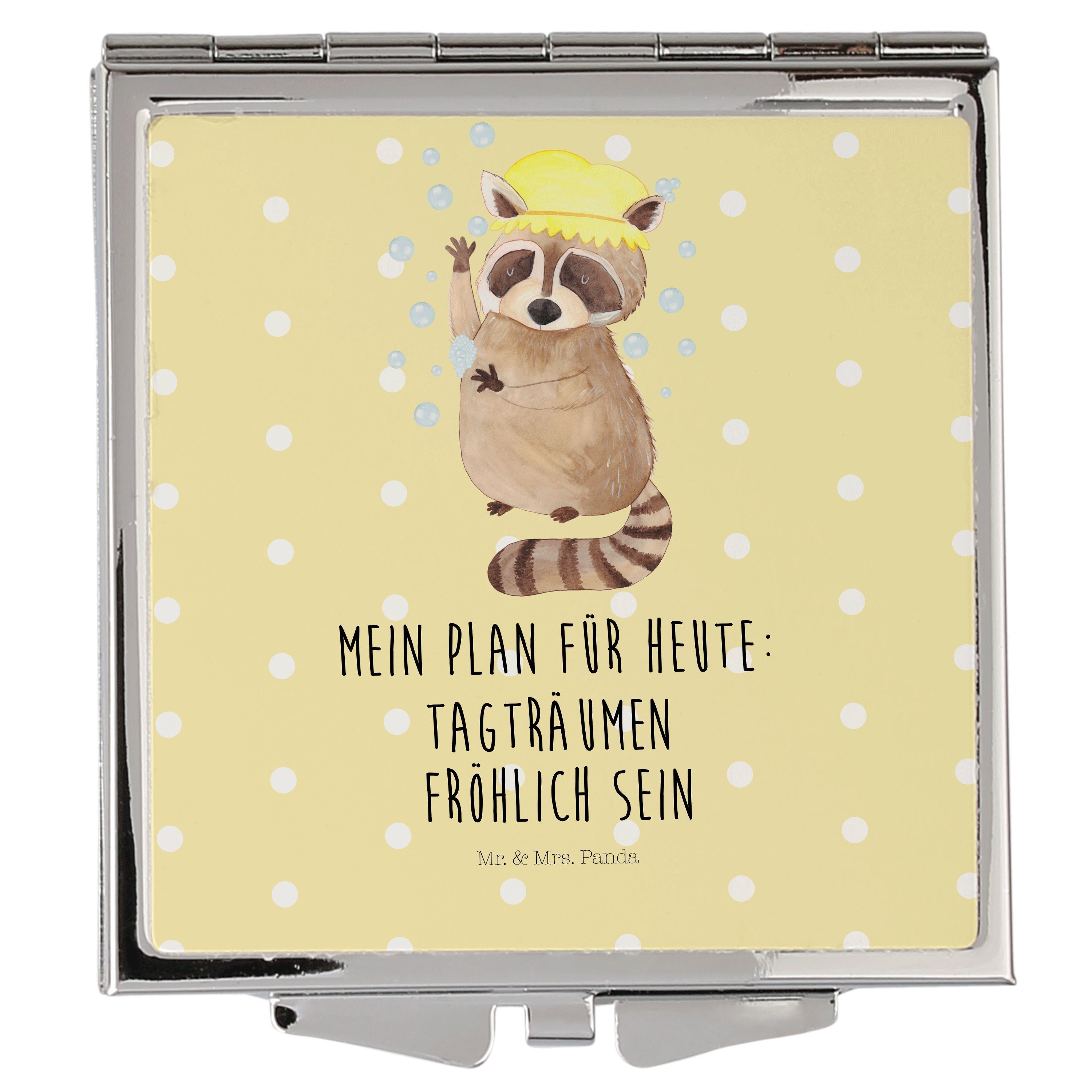 Mr. & Mrs. Panda Kosmetikspiegel Waschbär - Gelb Pastell - Geschenk, Tiere, waschen, Spiegel, Schminks (1-St)