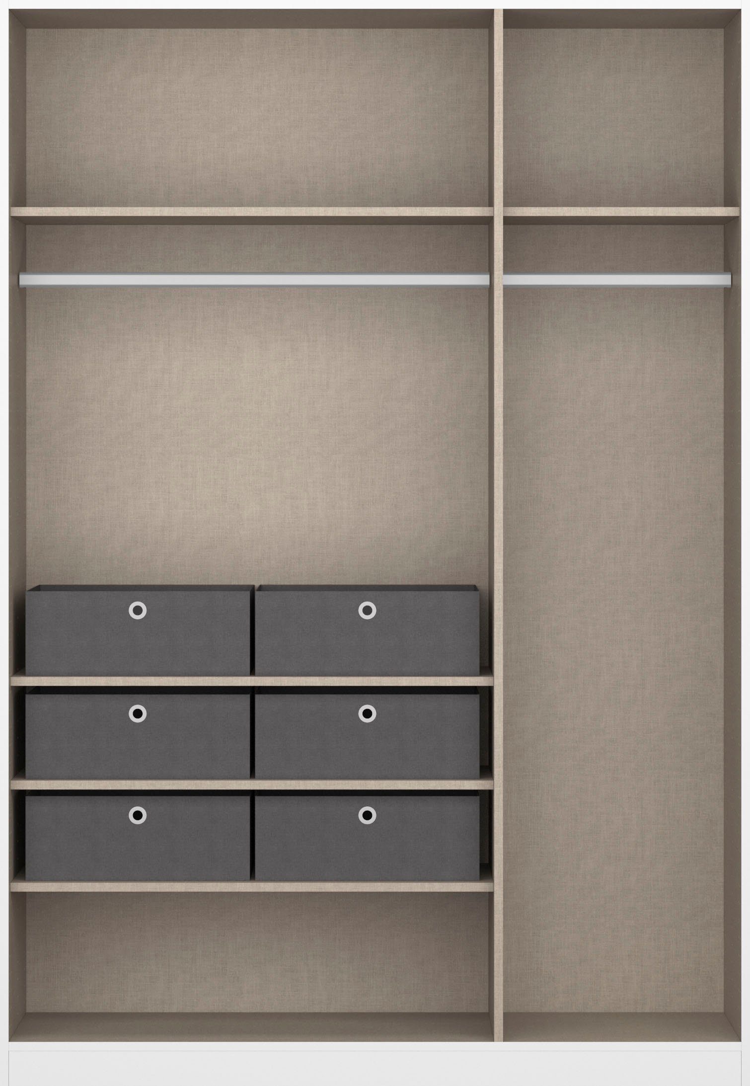 Drehtürenschrank optional Set inkl. Spiegel Stoffboxen Alpinweiß/Graumetallic rauch Graumetallic und extra | Einlegeböden, Cosmo 6-er mit