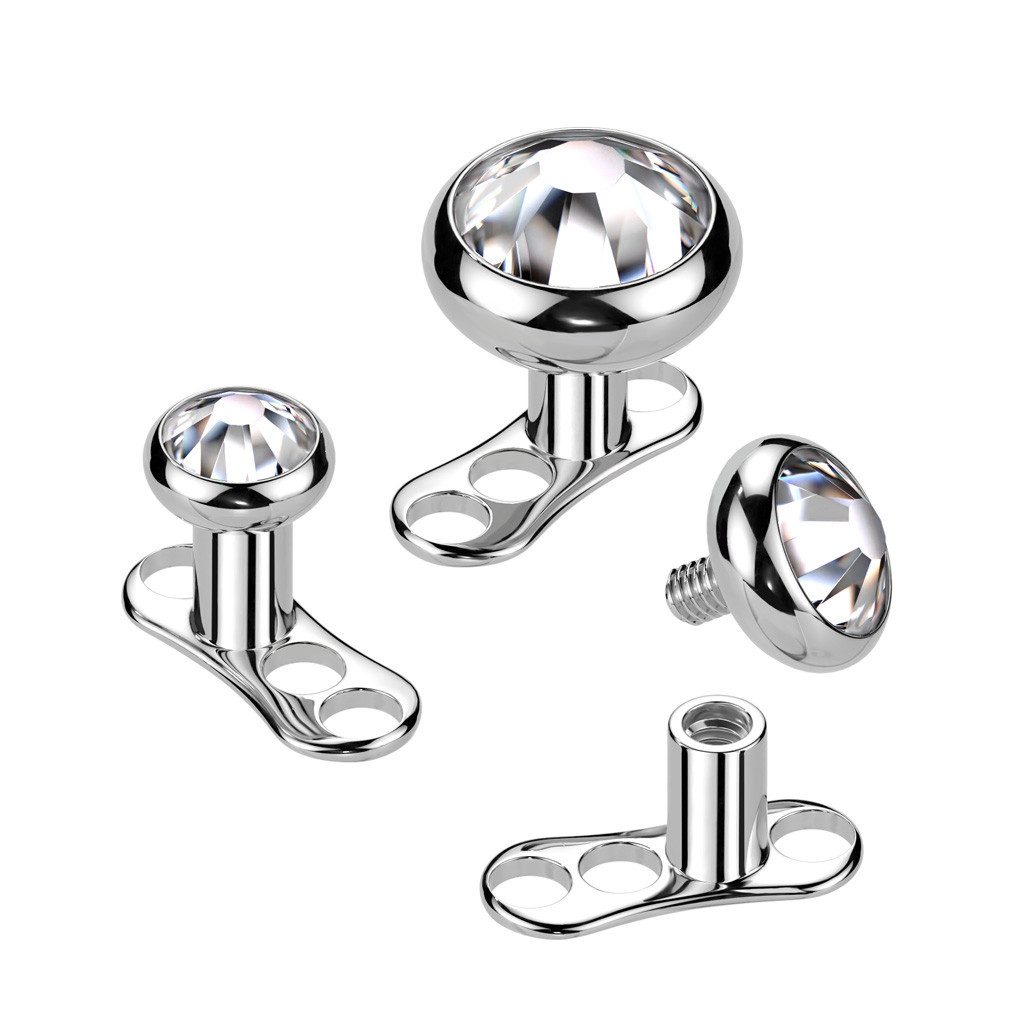 Taffstyle Piercing-Implantat Dermal Titan Implantatqualität Set mit Kristall Aufsatz 1,6mm x 4mm (Transdermal Hautpiercing Unter der Haut Surface Single Point Piercing), Innengewinde Skinplate Microdermal Hautanker Implantat Skindiver Stab