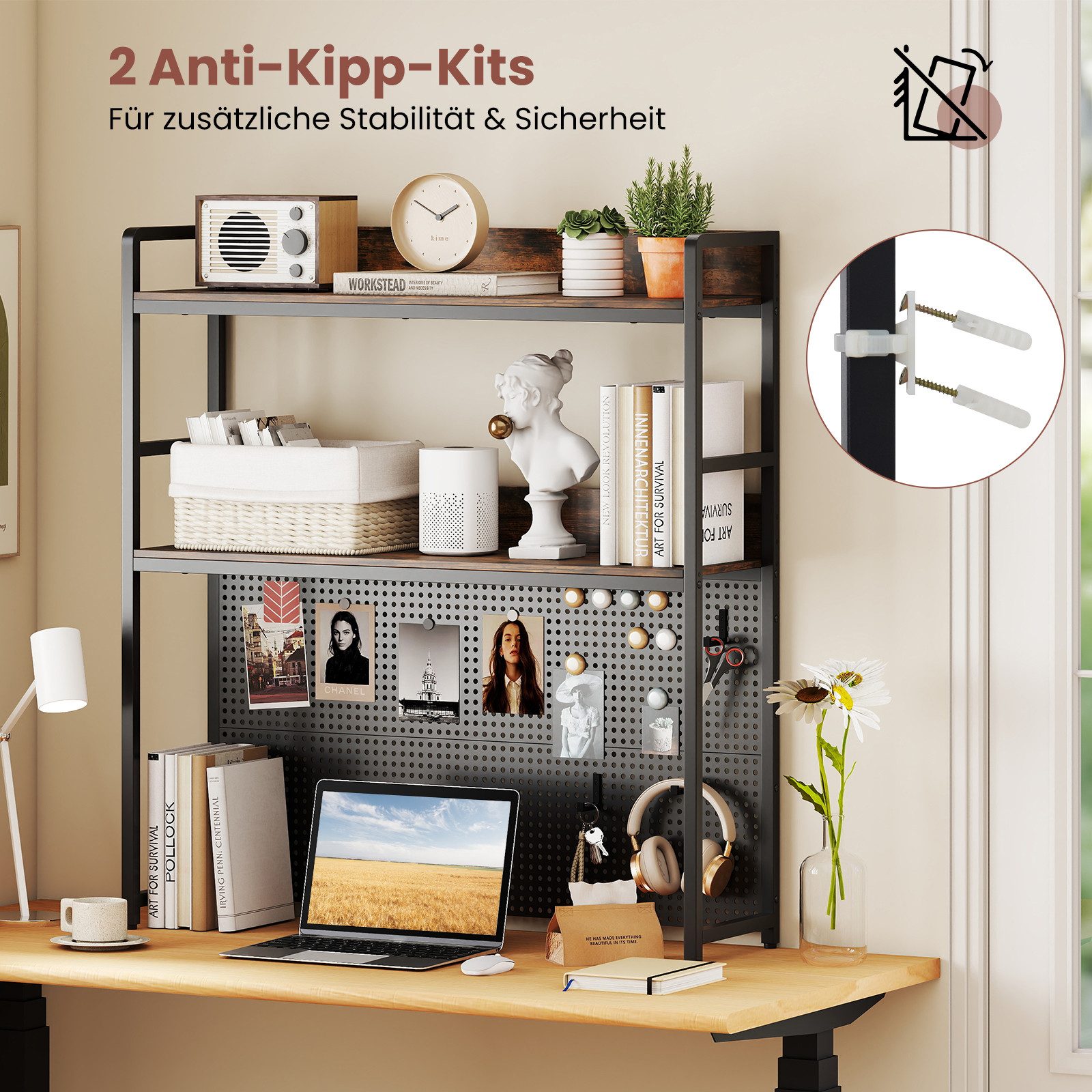 COSTWAY Bücherregal, Schreibtischaufsatz Tischregal mit Stecktafel 94x27x103cm
