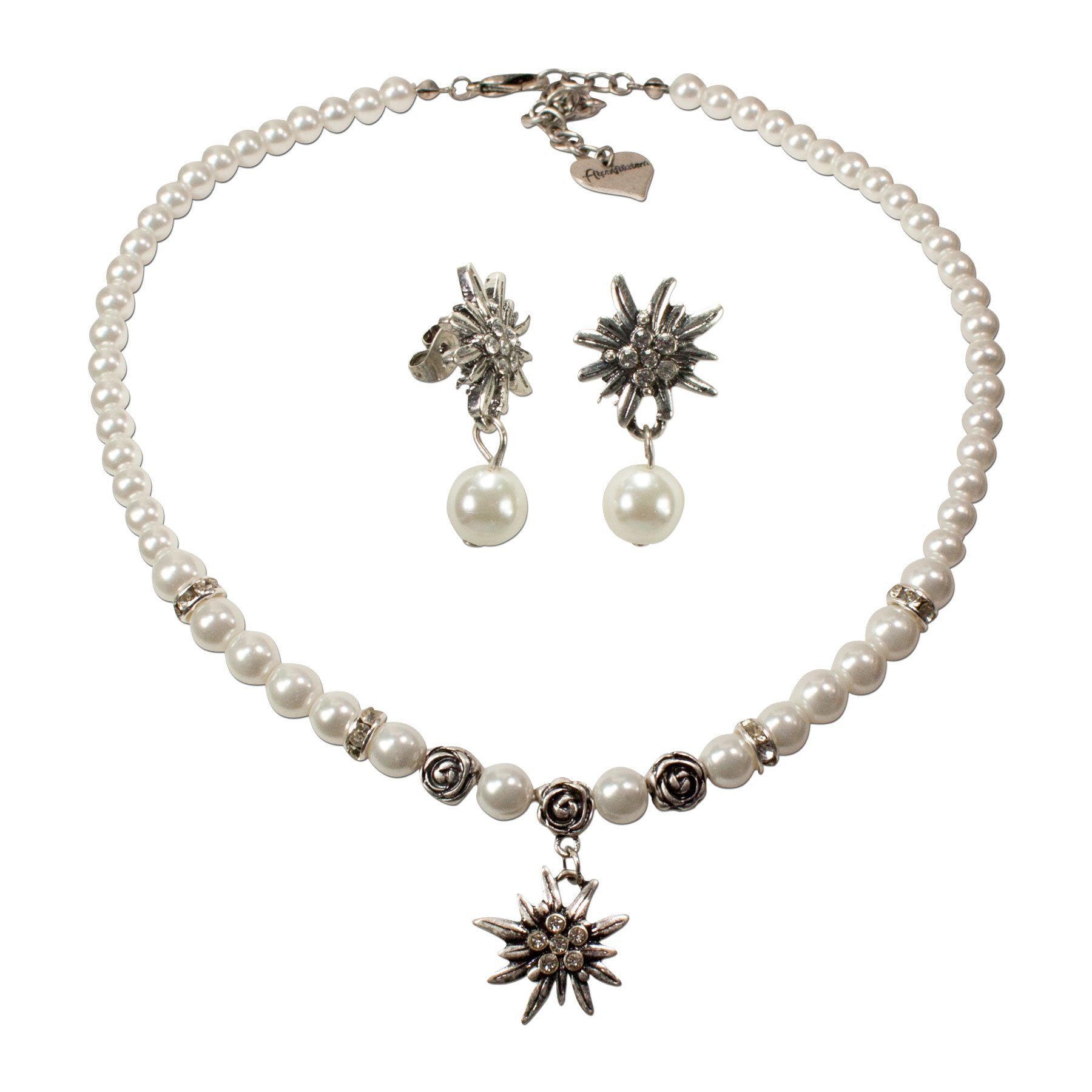 Ketten-Set Trachtenschmuck-Set Perlen-Trachtenkette und Perlen-Ohrstecker Strass-Edelweiß (creme-weiß)