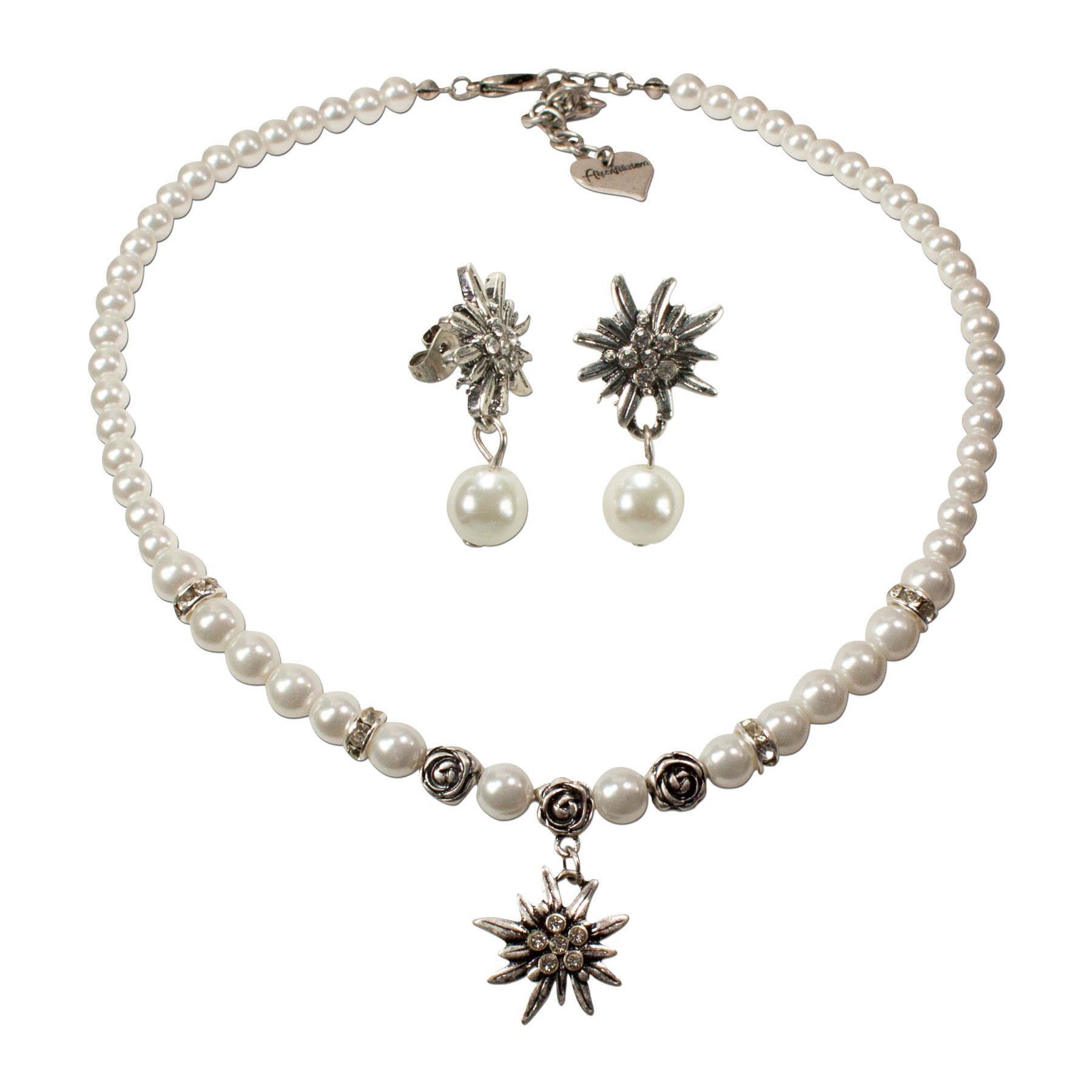 Alpenflüstern Ketten-Set Trachtenschmuck-Set Perlen-Trachtenkette und Perlen-Ohrstecker Strass-Edelweiß (creme-weiß), - Damen-Trachten-Schmuck, Trachtenset Dirndl-Kette und Trachten-Ohrringe