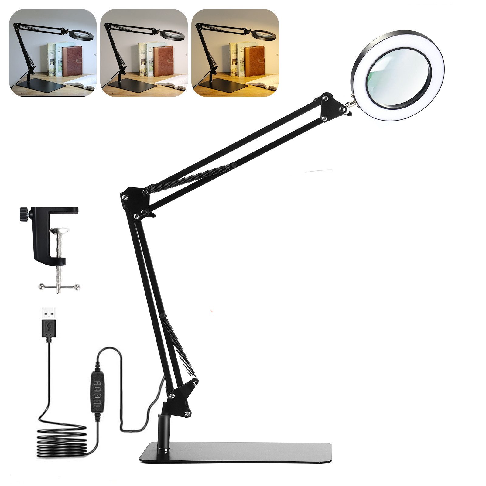 Insma Lupenlampe 10W Tischleuchte Lupe mit Licht 10-fache Vergrößerung,Basis und Klemme, 3 Farben dimmbar, 3000K-6000K Schreibtischlampe USB