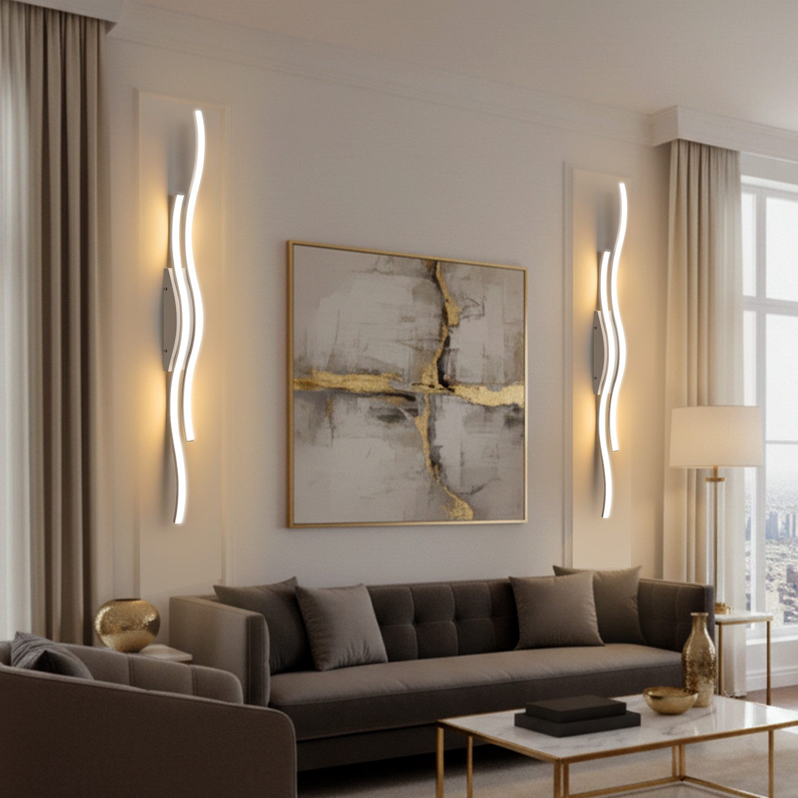 MUPOO LED Wandleuchte LED Wandleuchte Innen,Moderne Wandlampe für Schlafzimmer, LED fest integriert, Wave Line Wandbeleuchtung,Fernbedienung & Touch-Steuerung,Timer