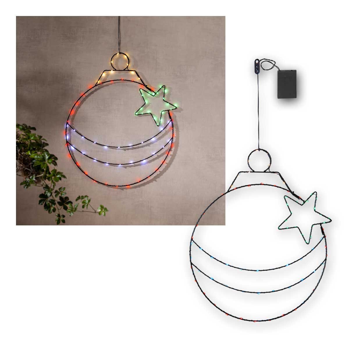 STAR TRADING LED Fensterleuchter Fensterhänger X-MAS KUGEL, Metall 39x47cm, 82 LEDs, bunt