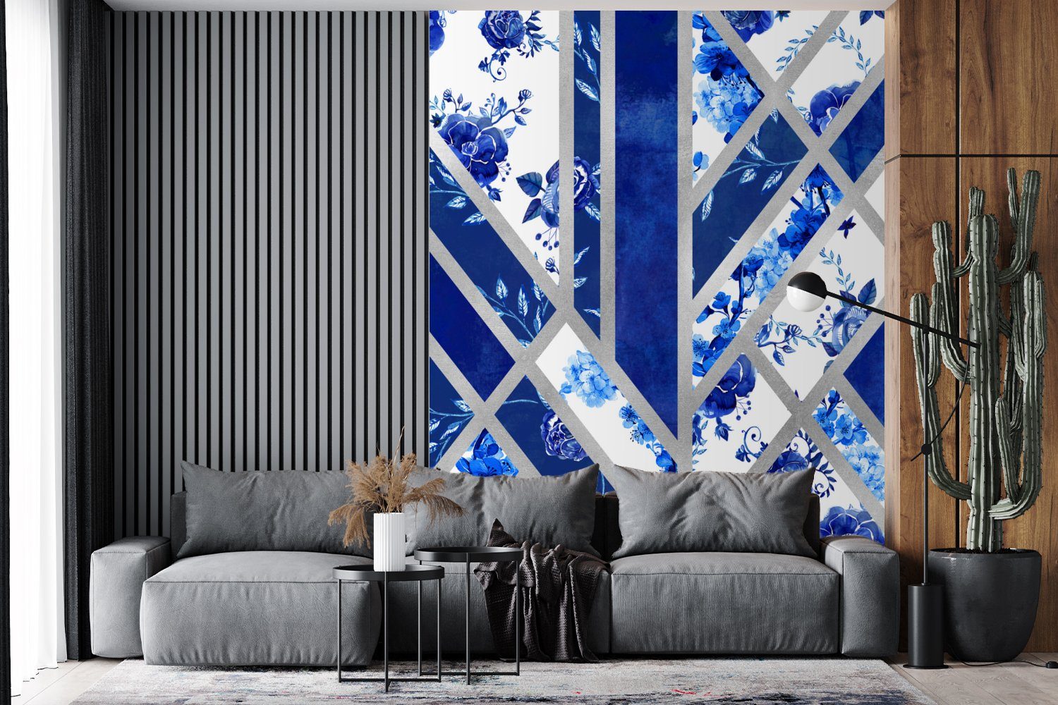 Wandtapete MuchoWow Muster Wohnzimmer, Vinyl Blau bedruckt, Tapete - St), - Luxus, für Fototapete (4 Matt, Delfter Montagefertig
