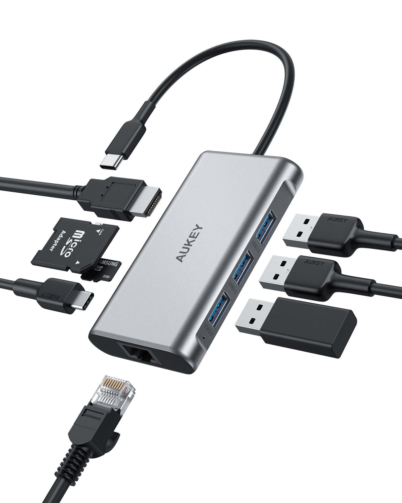 AUKEY Tablet-Adapter, 8 in 1 USB C Hub mit 4K HDMI GB Ethernet Port