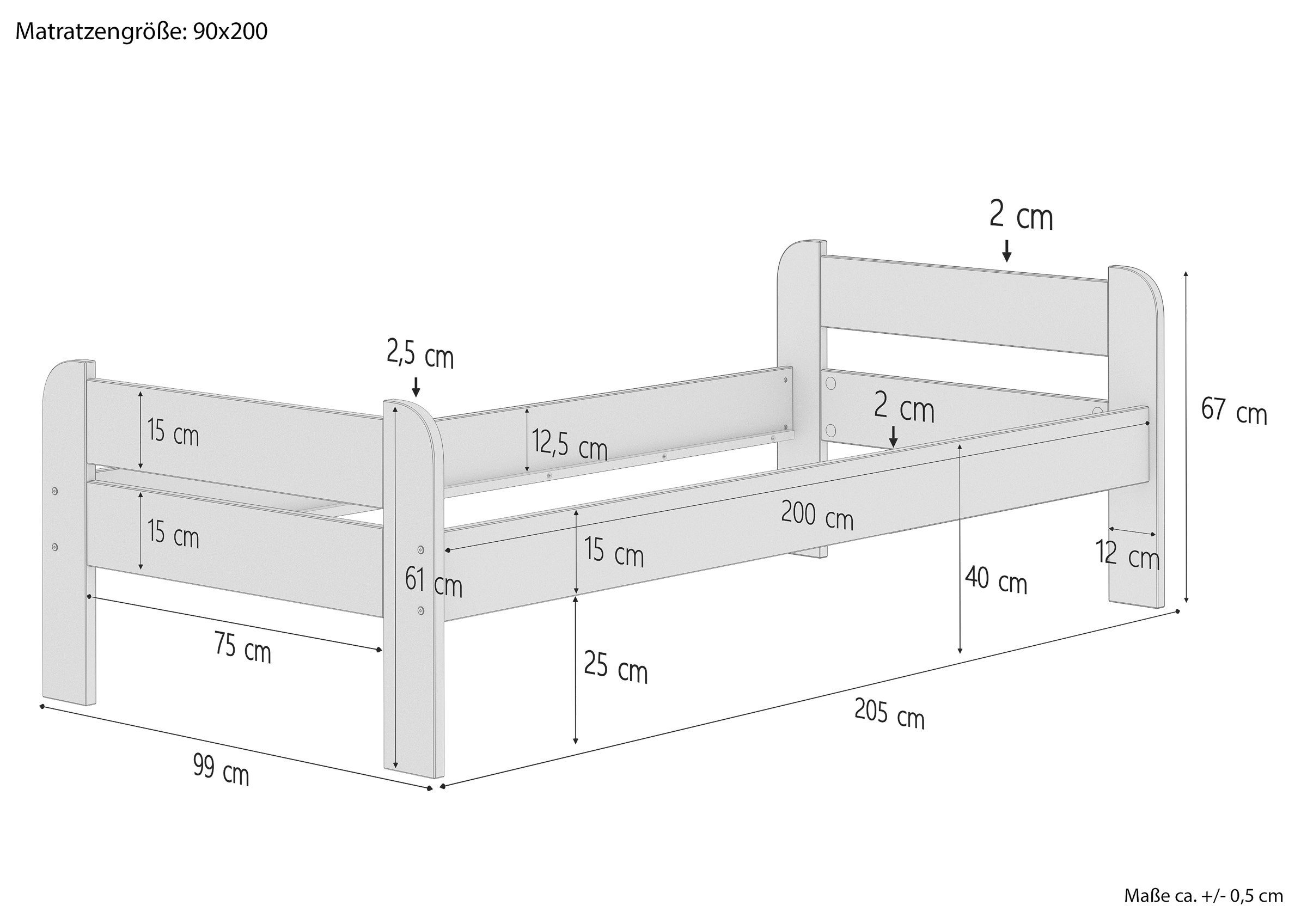 gebeizt ERST-HOLZ Bett EicheEiche Kiefer Einzelbett 90x200, Echtholzbett massiv