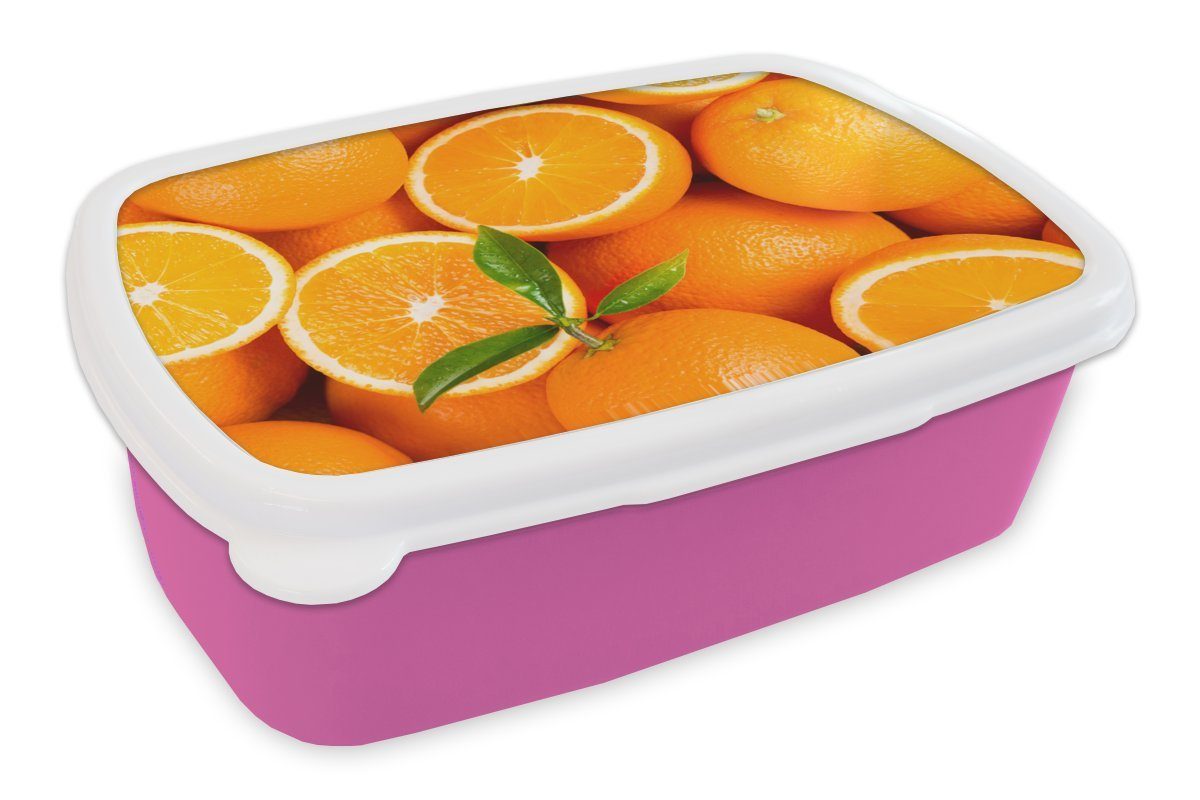 MuchoWow Lunchbox Früchte - Orange - Blätter, Kunststoff, (2-tlg), Brotbox für Erwachsene, Brotdose Kinder, Snackbox, Mädchen, Kunststoff rosa