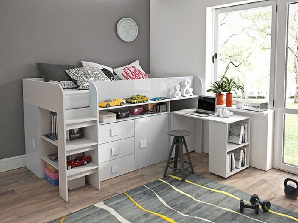 Feldmann-Wohnen Hochbett TOLEDO 1 (Etagenbett mit Schreibtisch + 2 Schränke) Farbe wählbar weiß / weiß Hochglanz - Griffe weiß