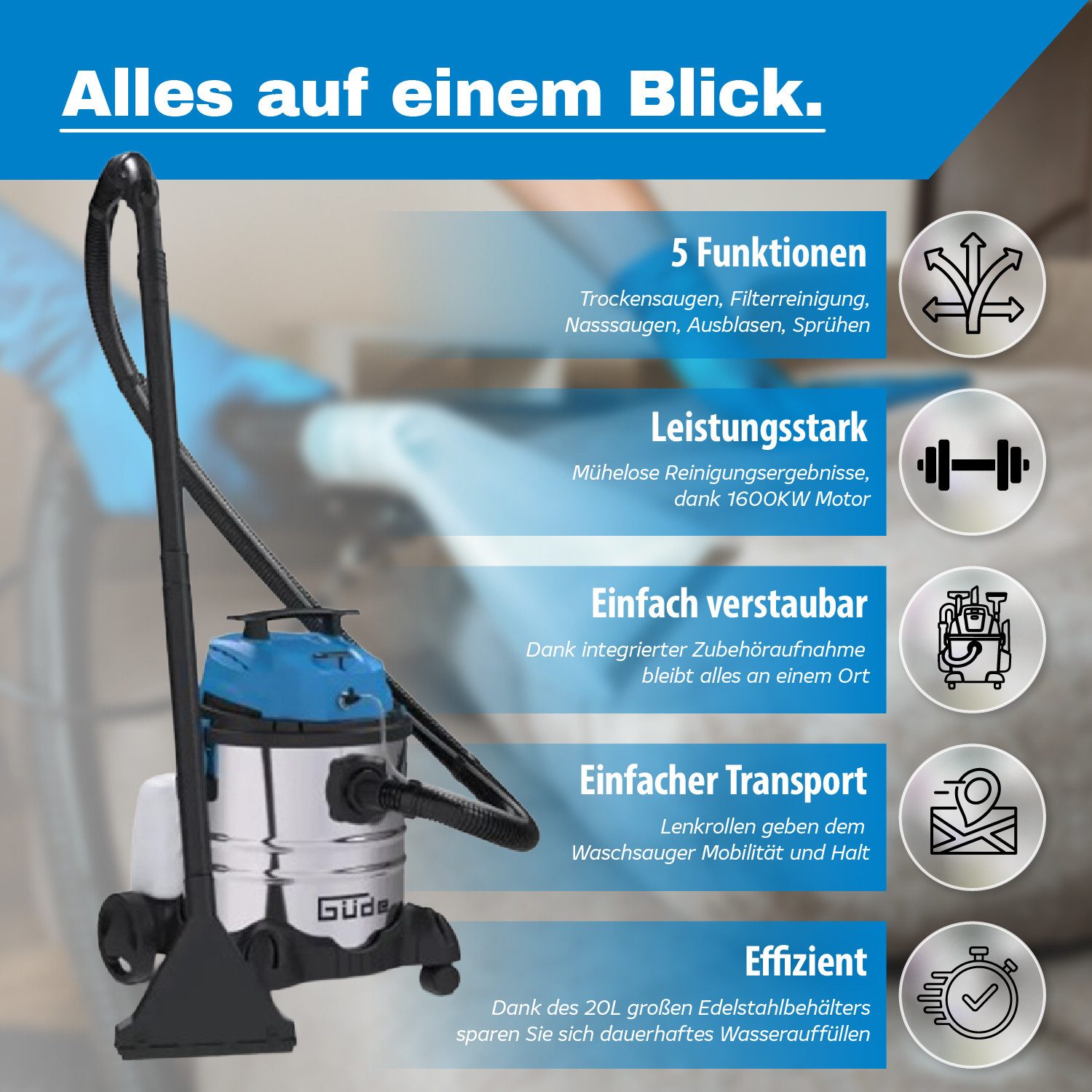 Güde Wasch-Sauger Güde Waschsauger Nass-Trockensauger mit 1,6 kW Motor und 20 l Behälter, 1600 W – Bild 3 von 5