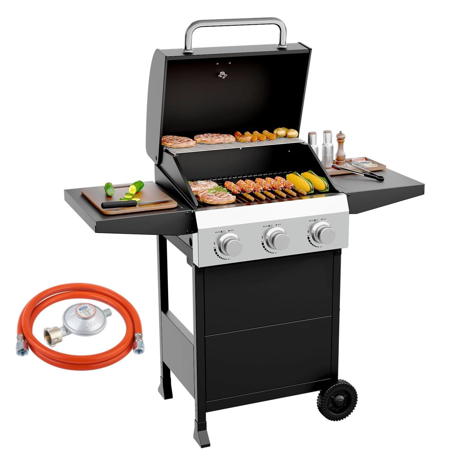 LALAHO Gasgrill Grillwagen 3 Brennern 10.55 kW mit Deckel, Propan-Grill mit emaillierten Gusseisenrost & Unterschrank