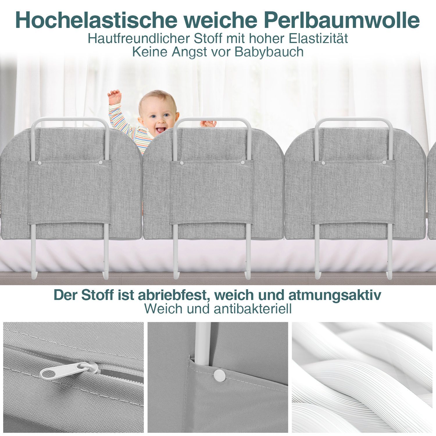 Lospitch Bettschutzgitter Rausfallschutz 50cm/60cm 150cm L: Grau Bettgitter für Kinder Bett Kinder H:38cm