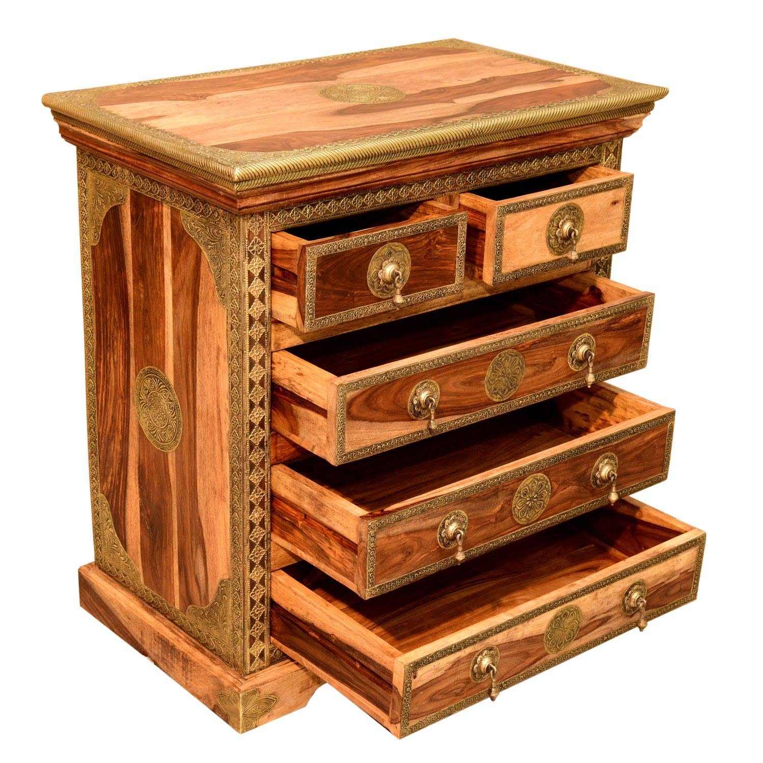 Casa Moro Schubkastenkommode Orientalische Kommode Malek aus Massivholz 75x45x80 (BxTxH) (mit 5 Schubladen & feinen Messing verziert, 1 St., Natur Echtholz Nachttisch Sideboard), MA70-140