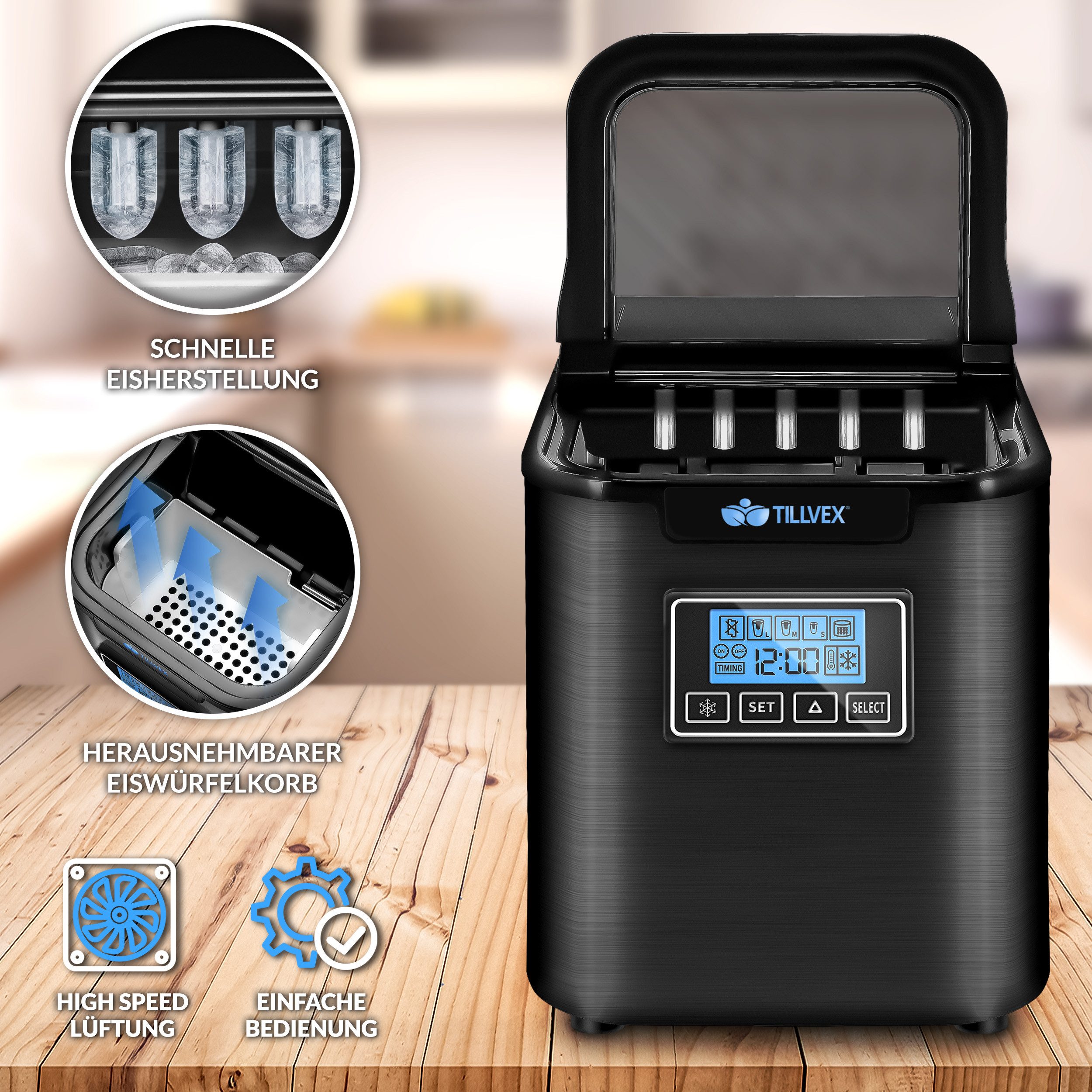 tillvex Eiswürfelmaschine Ice Maker 12 kg - 24 h Edelstahl, Mit Timer & LCD-Display, 2,2L Wassertank & Selbstreinigungsfunktion, 3 Eiswürfel Größen