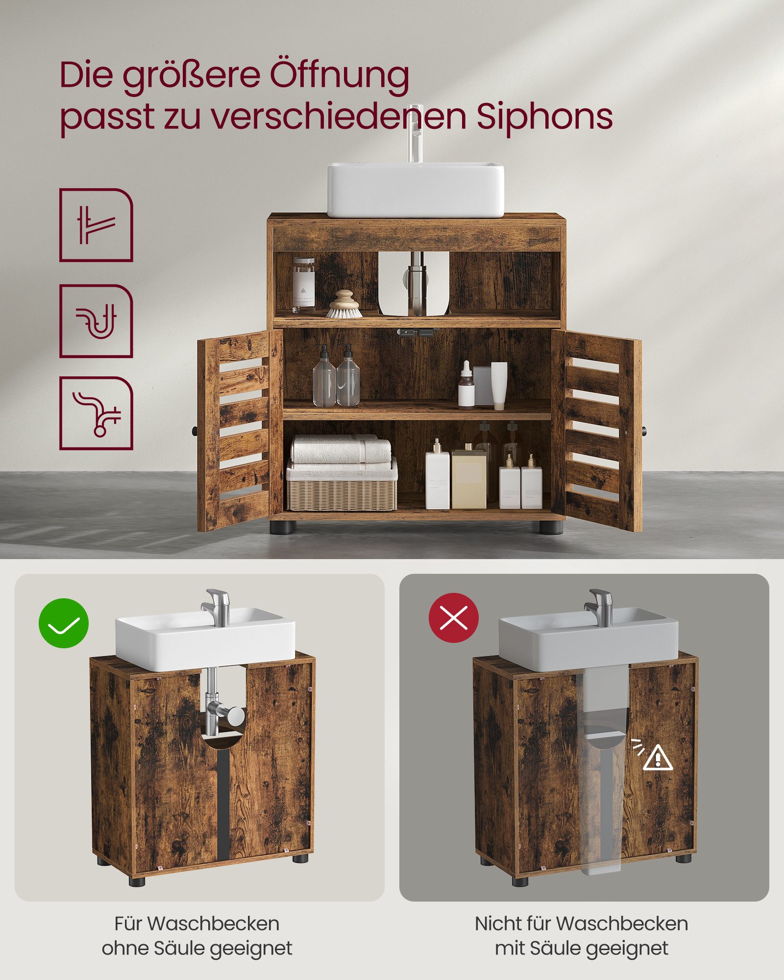 VASAGLE Waschbeckenunterschrank Badezimmerschrank Aufbewahrungsschrank mit 2 Lamellentüren, verstellbares Brett