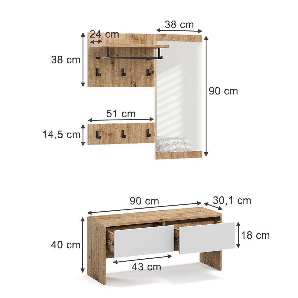 Vicco Garderoben-Set Selena, Weiß/Artisan, 90 x günstig online kaufen