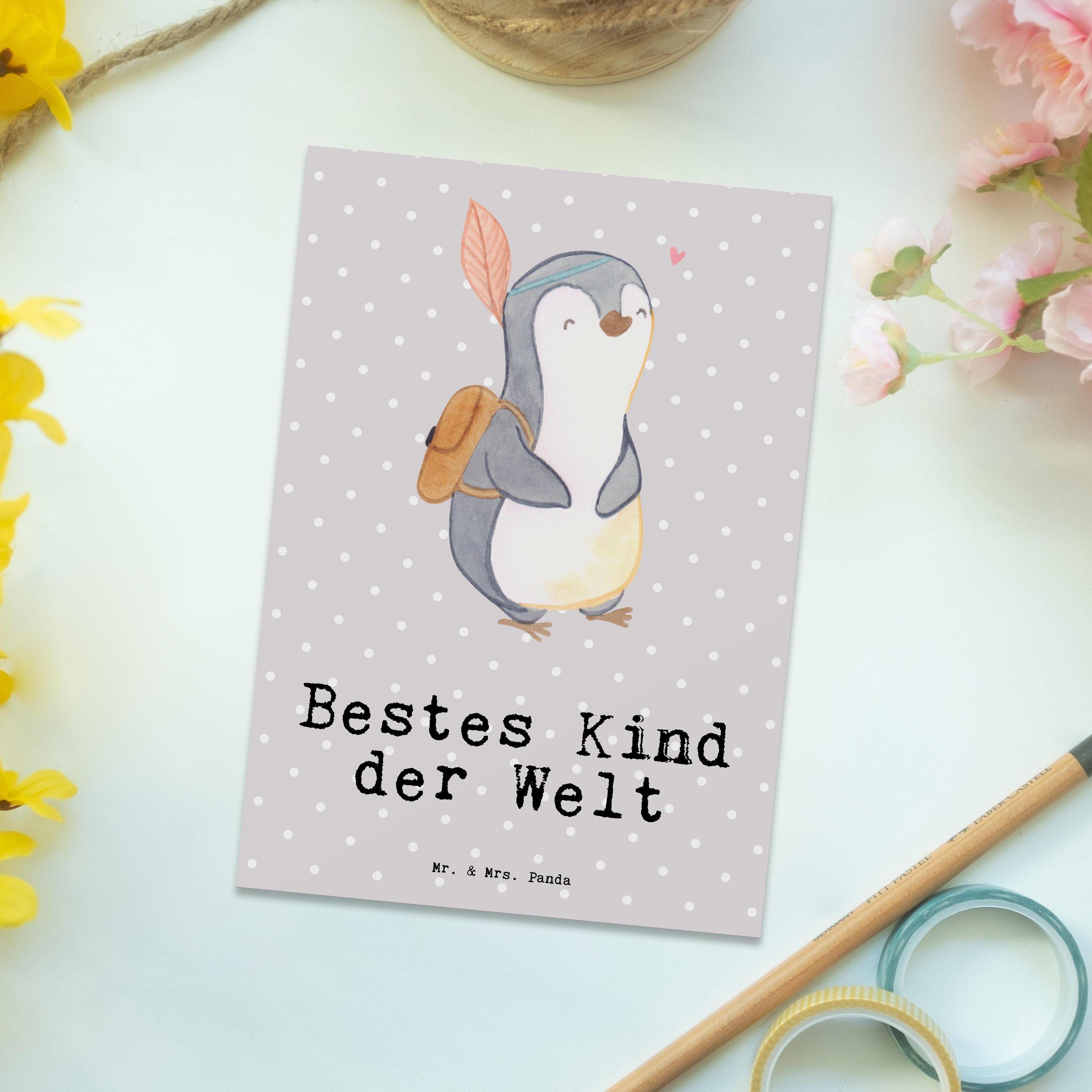 Mr. & Bestes der - Pinguin Grau Postkarte Geschenkkarte Panda Kind Pastell Mrs. Geschenk, Welt 
