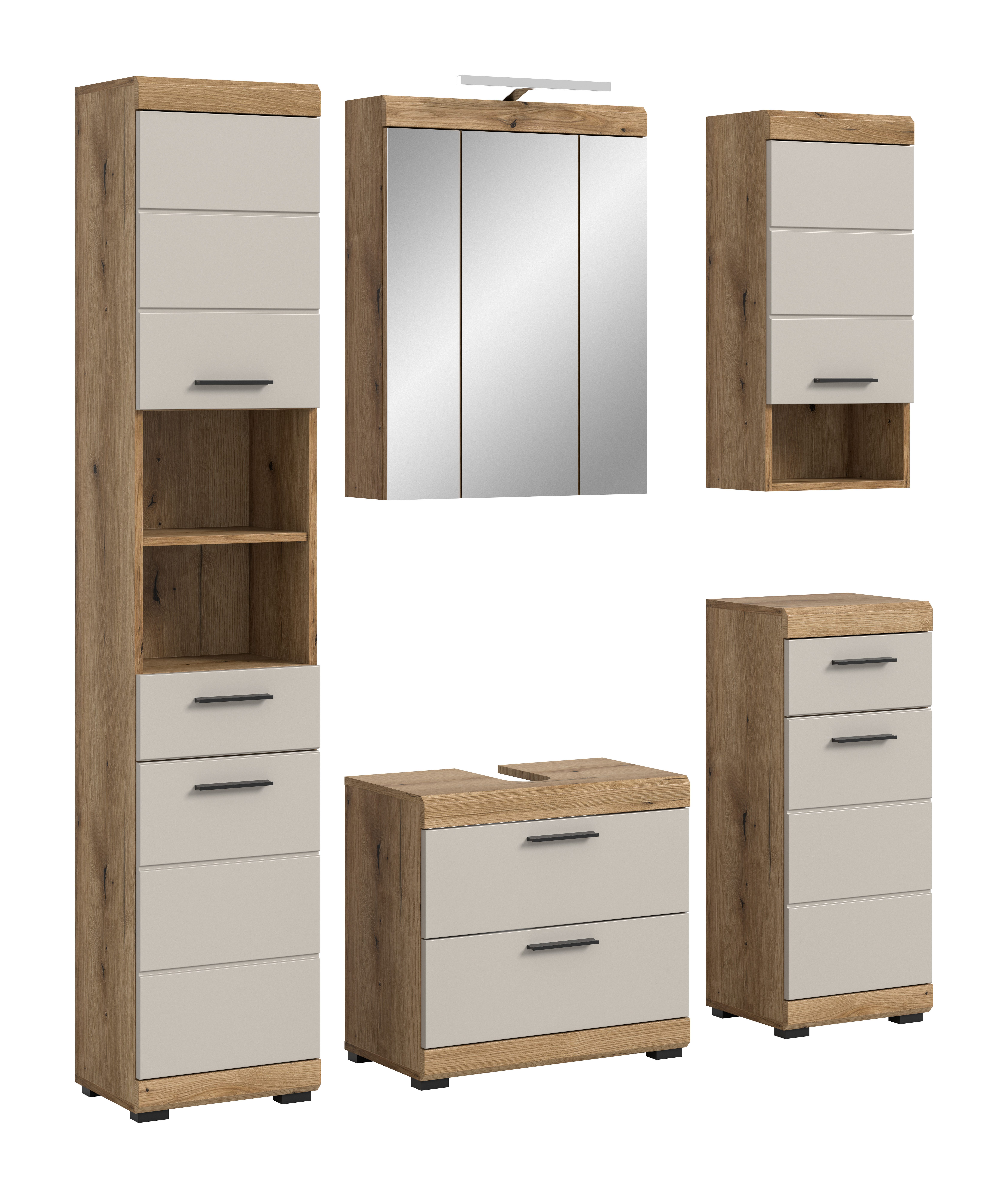 furnling Badmöbel-Set Scott, (5-St., Hochschrank, Spiegelschrank, Hängeschrank, Standschrank, WBU), Badschränke, Badkommoden, Badmöbel, mit Beleuchtung, Breite 164 cm