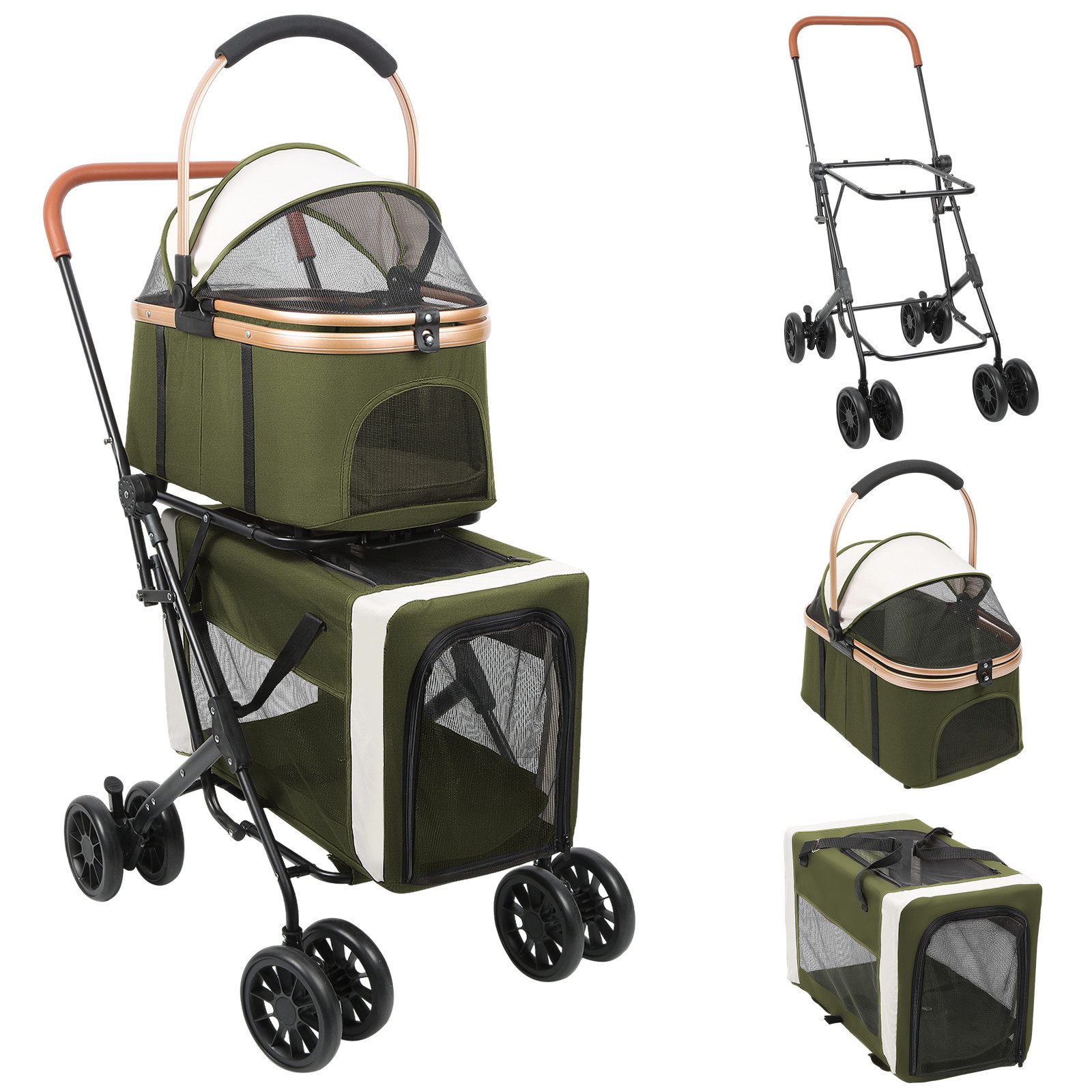 JEOBEST Hundebuggy Doppelkorb-Hundewagen, Haustierwagen, Haustier Transportwagen, (Faltbarer, Abnehmbaren, 360° Lenkräder + Fußbremse)Belüftungsnetz