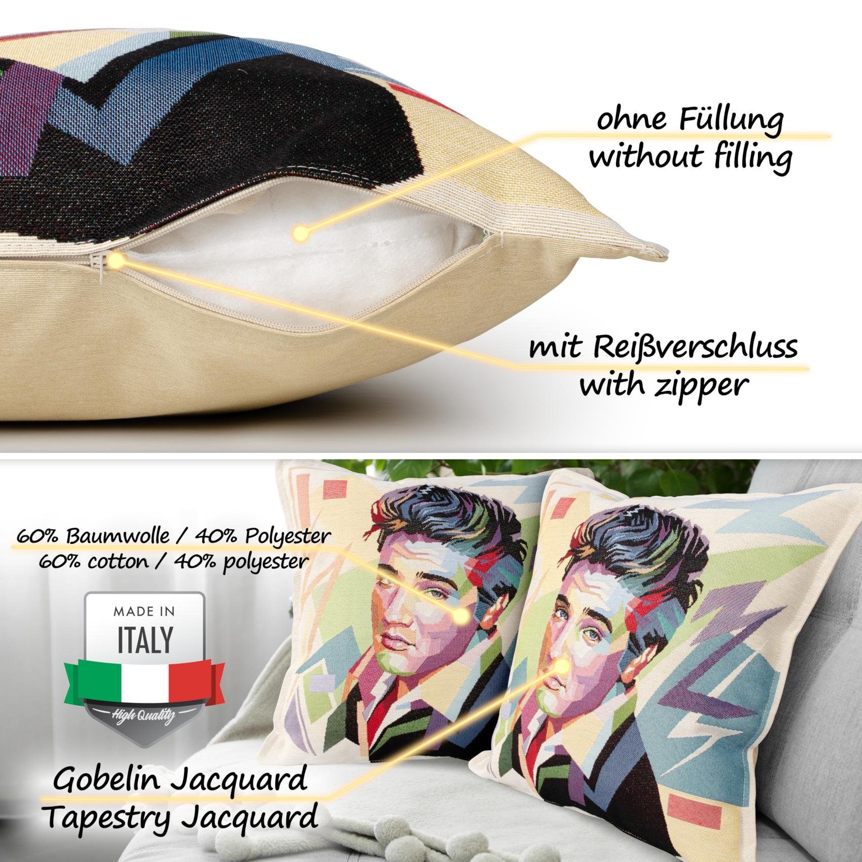 ANRO Dekokissen Jacquard-Gobelin POP Art Kissen 45x45cm Hochwertiger waschbar, Vintage ohne Füllung mit Reißverschluss Elvis Presley Beige