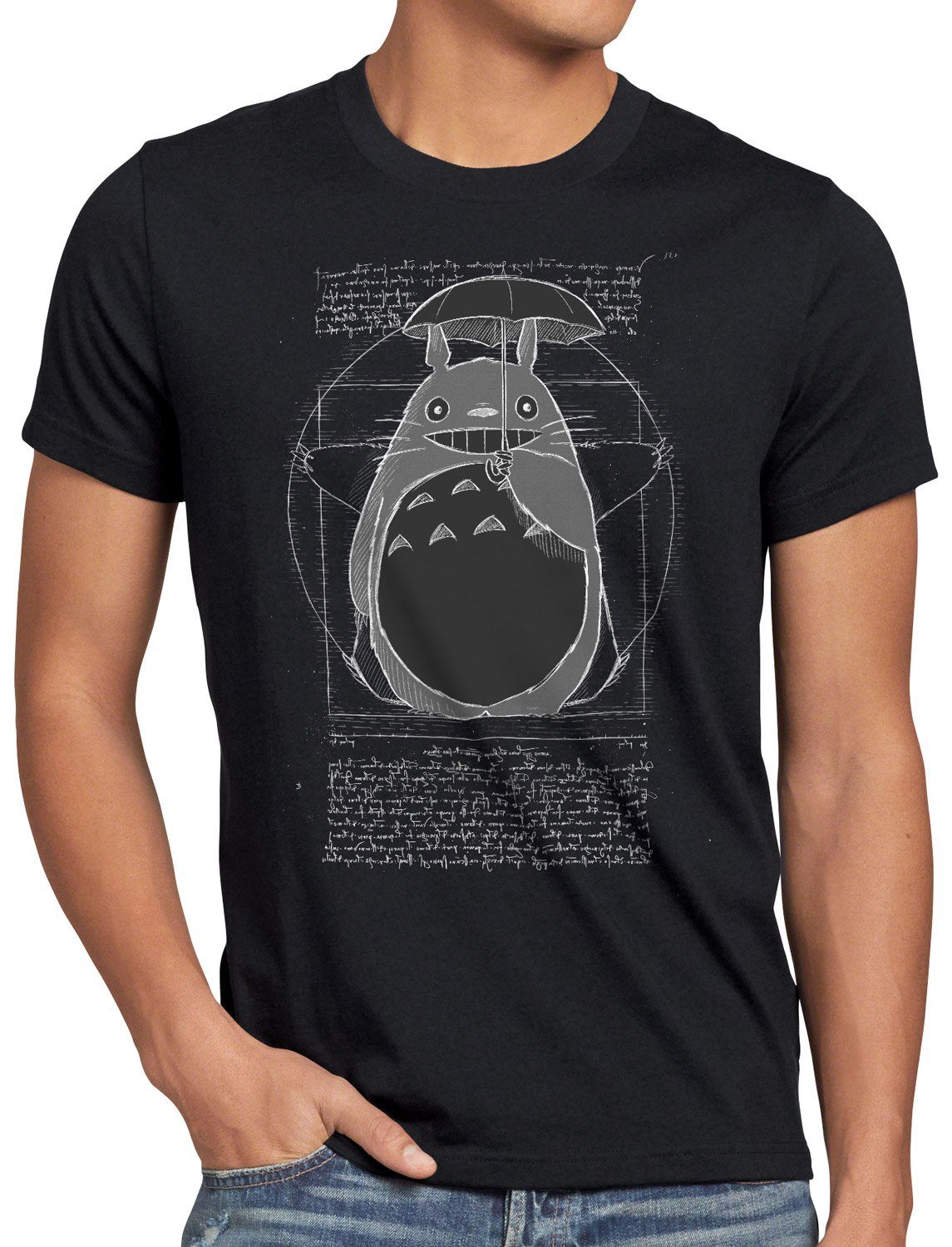 T-Shirt Herren nachbar tonari neko Print-Shirt Totoro style3 anime Vitruvianischer mein schwarz no