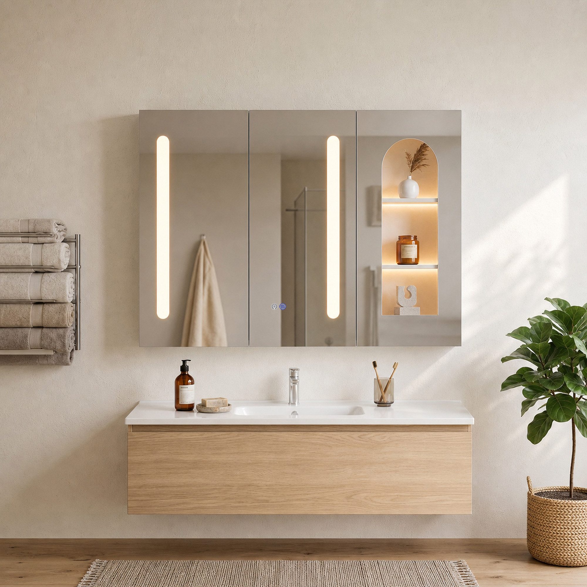 FUFU&GAGA Badezimmerspiegelschrank Spiegelschrank 120cm LED Touch, 3 Türen, Badezimmer Badschrank, Weiß