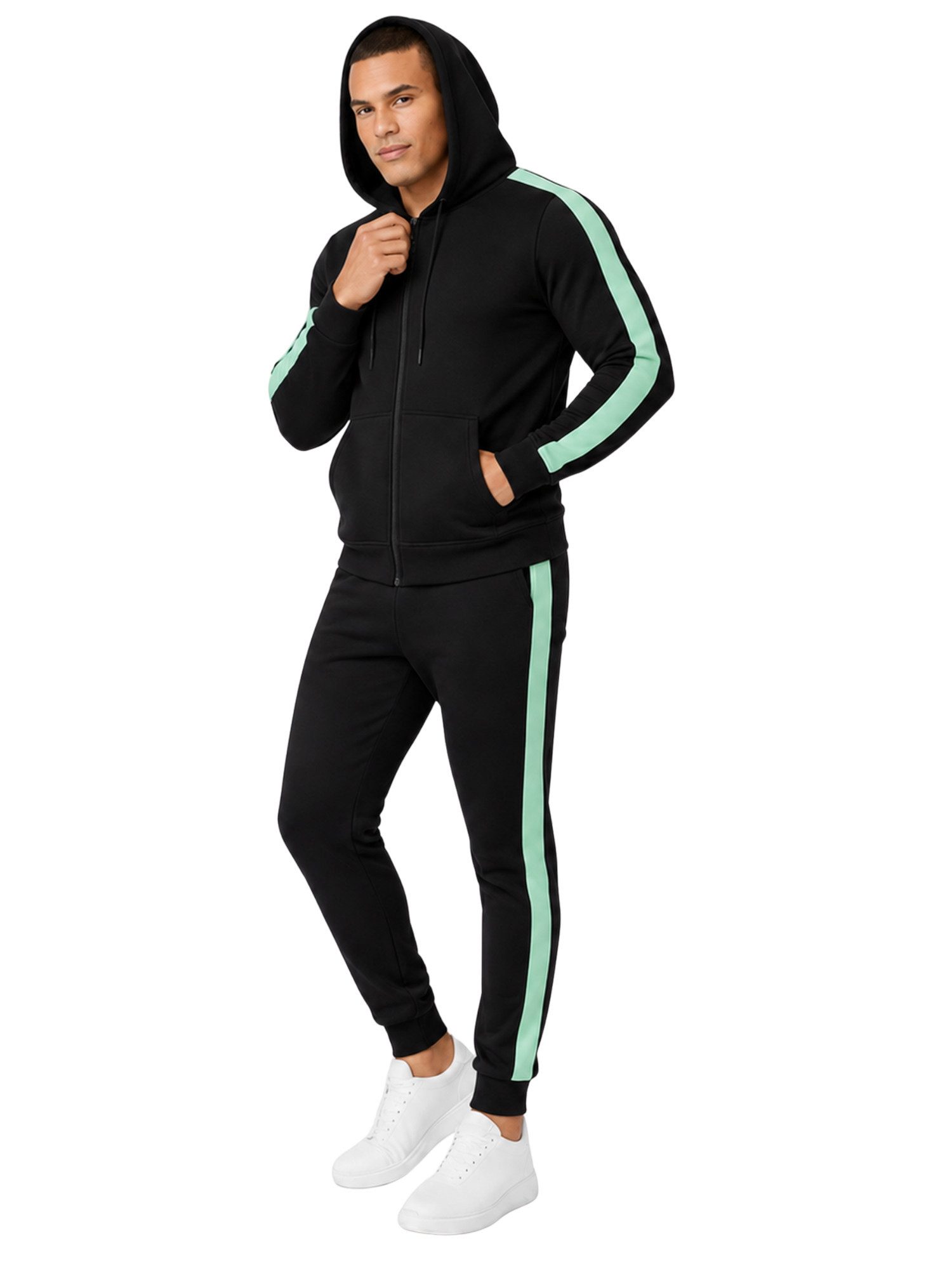 L.gonline Freizeitanzug Herren Jogginganzug zweifarbig sportlich mit Streifen, 526 (Kapuzenjacke mit Reißverschluss, Hose, 2-tlg), Fitness Freizeit Casual – Bild 4 von 5