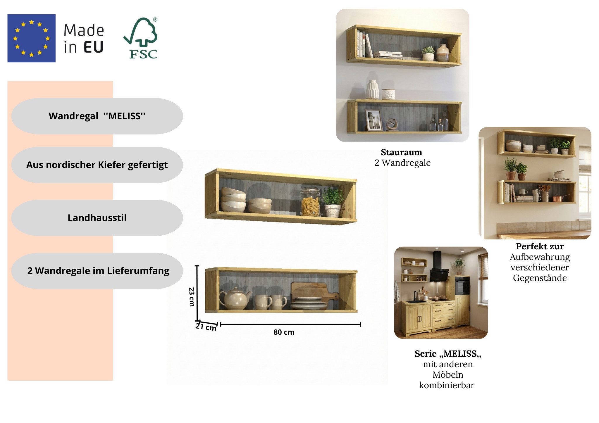 Home affaire Wandregal Meliss, aus nordischer Kiefer gefertigt, Breite 80 cm, 2-tlg