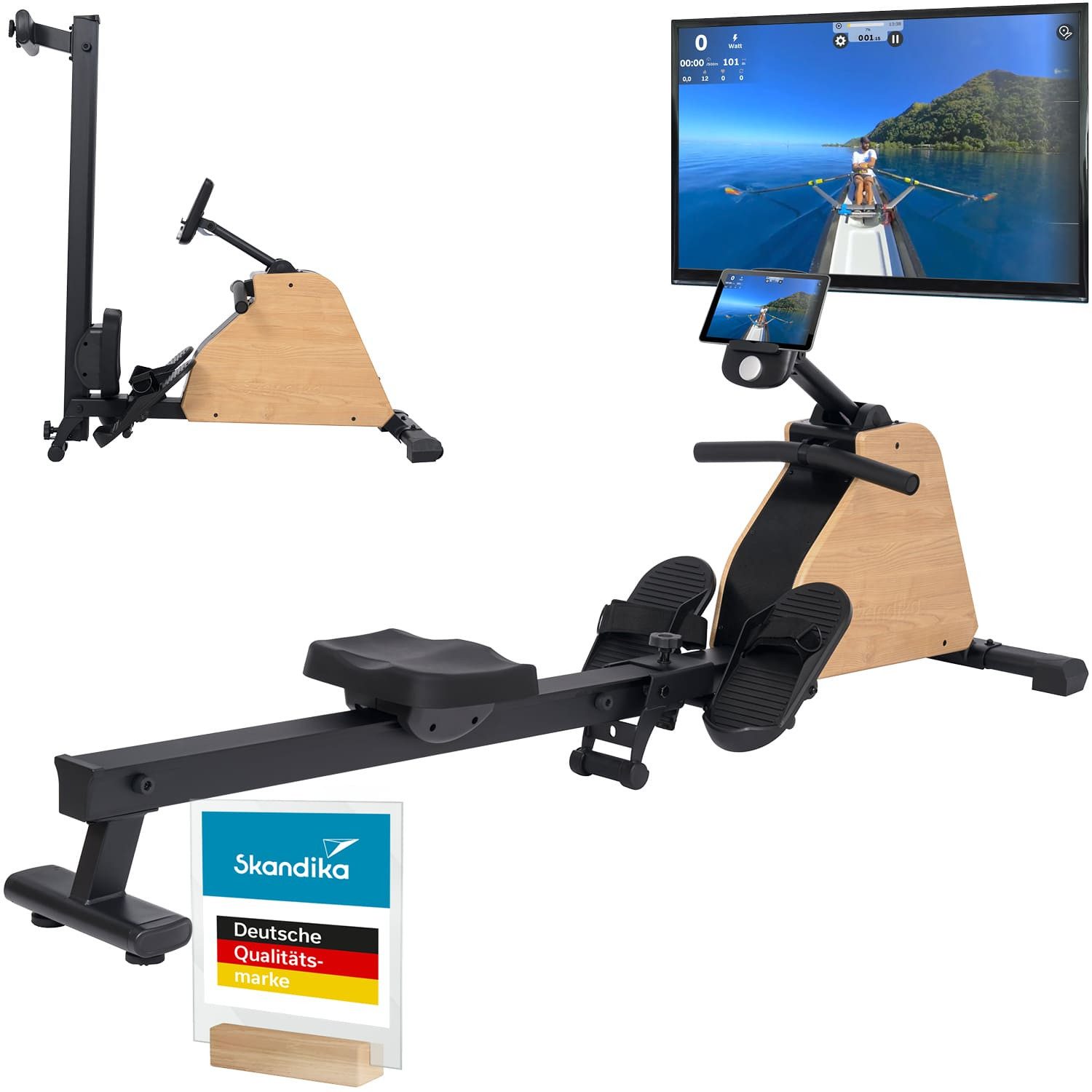 Skandika Rudergerät für Zuhause klappbar Treliv P6, Rahmen aus Eisen, Bluetooth (Krafttraining, Elemente in hochwertigem Holzdesign, Magnetbremse), Tablethalterung, Transportrollen, 16 Stufen, Kinomap App kompatibel
