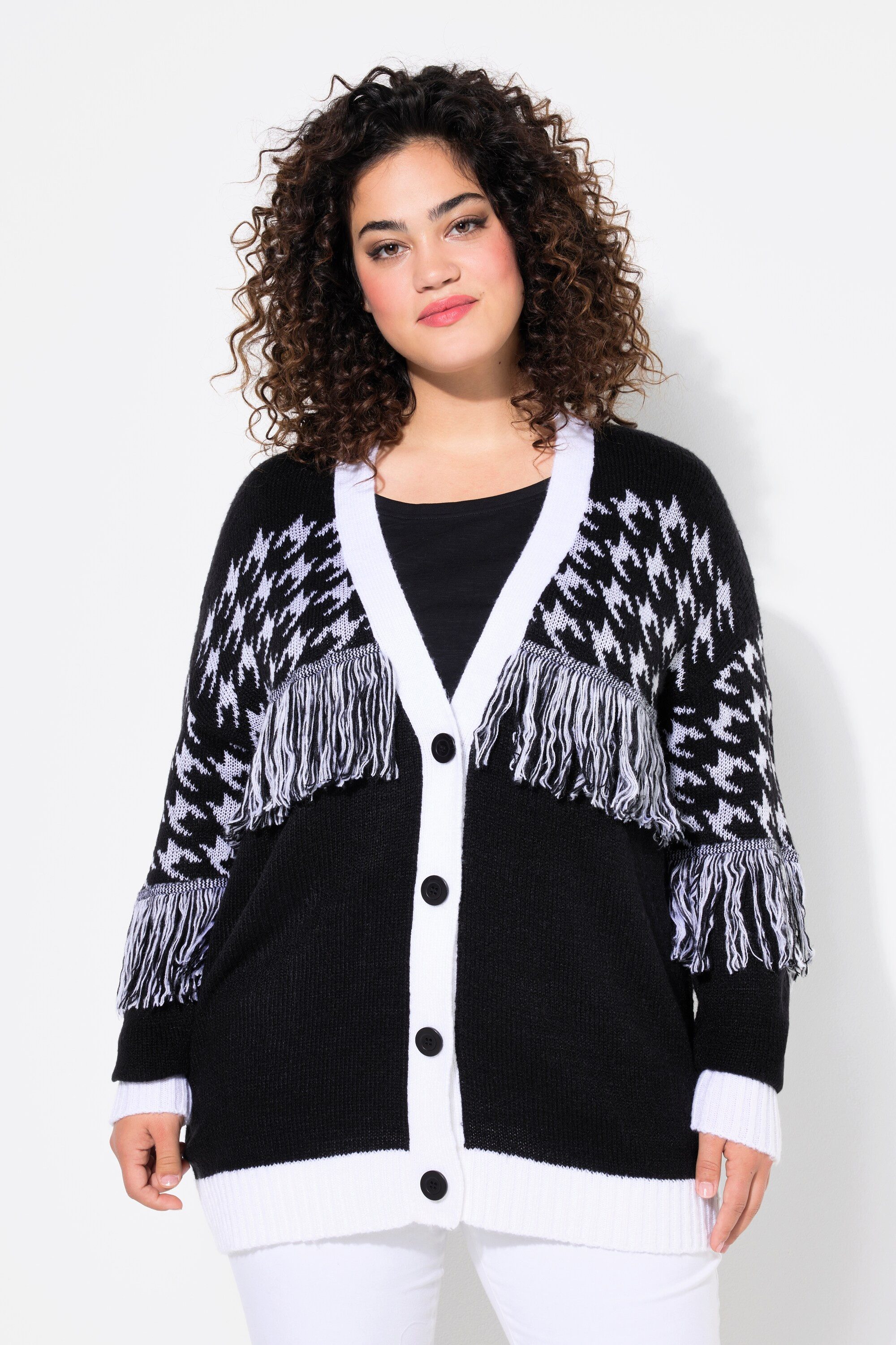 Angel of Style Strickjacke Strickjacke oversized Hahnentritt Fransen Langarm