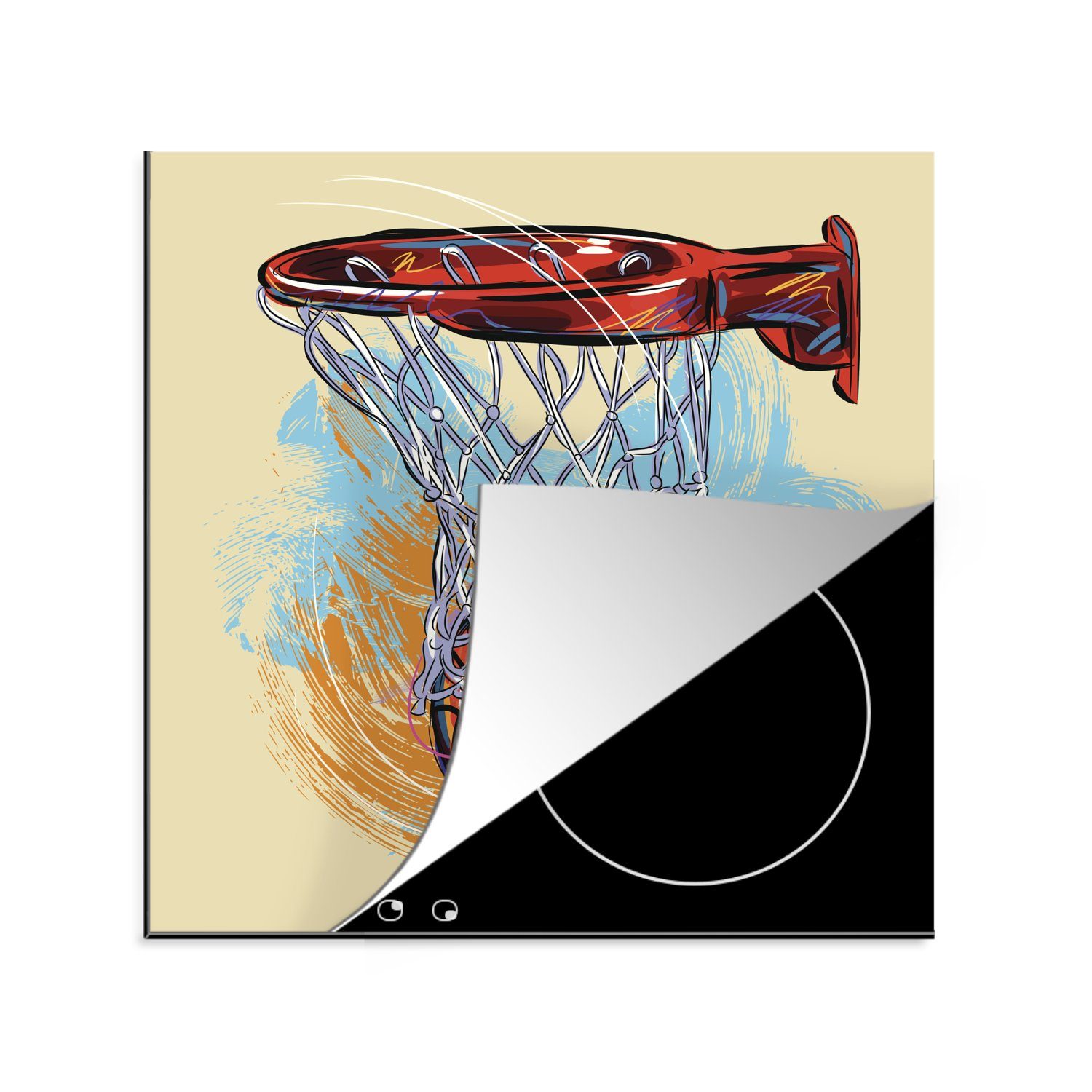 MuchoWow Herdblende-/Abdeckplatte Eine Illustration eines Basketballs, der mit voller Geschwindigkeit, Vinyl, (1 tlg), 78x78 cm, Ceranfeldabdeckung, Arbeitsplatte für küche | Herdabdeckplatten