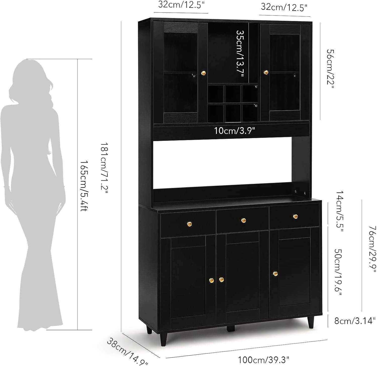 VOWNER Küchenbuffet Vitrine, Mehrzweckschrank, 5 Türen Schwarz günstig online kaufen