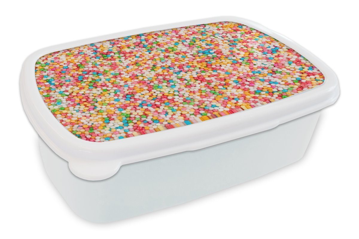 MuchoWow Lunchbox Zuckerkugeln in Regenbogenfarben, Kunststoff, (2-tlg), Brotbox für Kinder und Erwachsene, Brotdose, für Jungs und Mädchen weiß