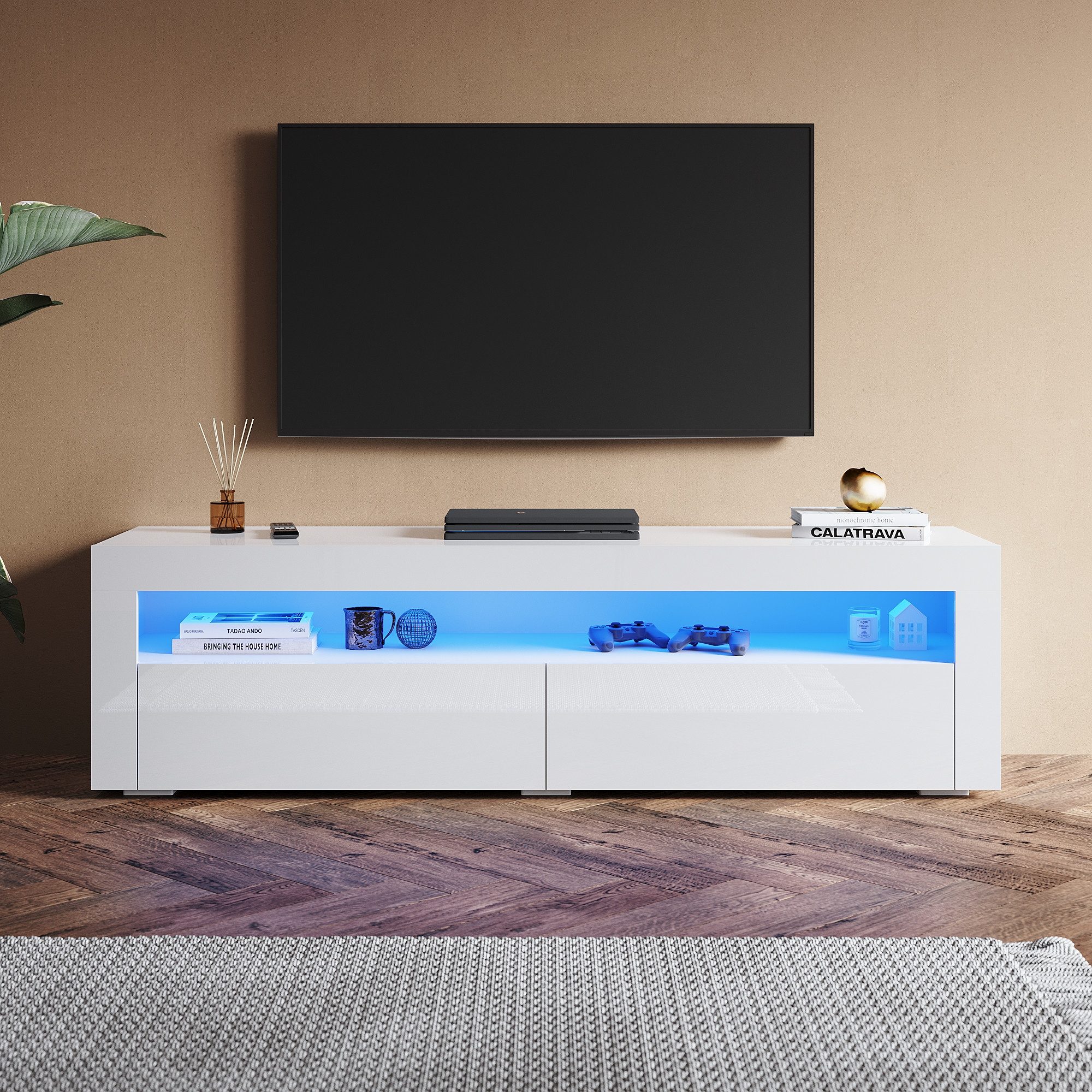 SONNI TV-Schrank TV Lowboard Weiß Hochglanz mit RGB-Farbwechselbeleuchtung