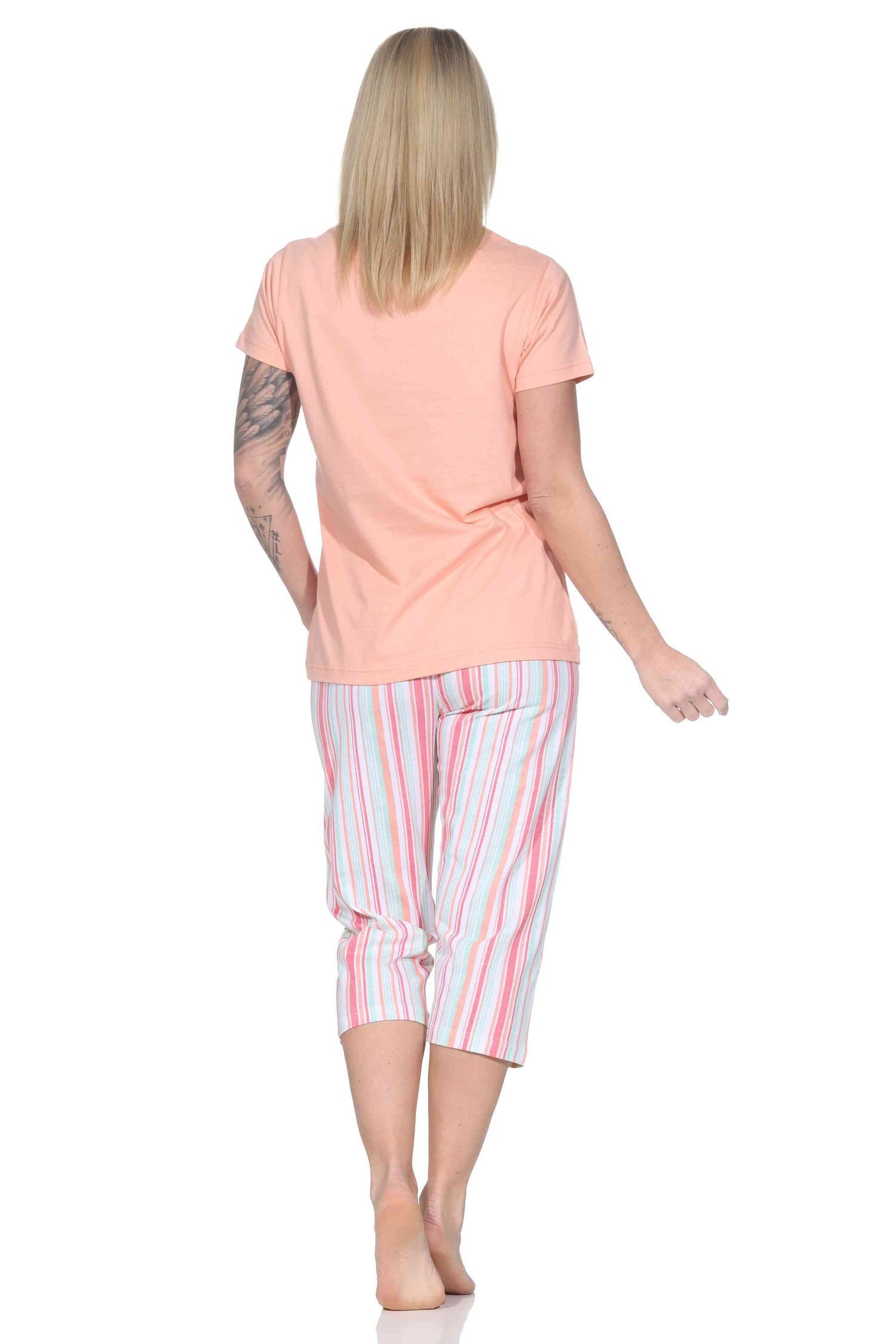 Normann Pyjama Normann Damen Schlafanzug kurzarm mit gestreifter Capri-Pyjamahose