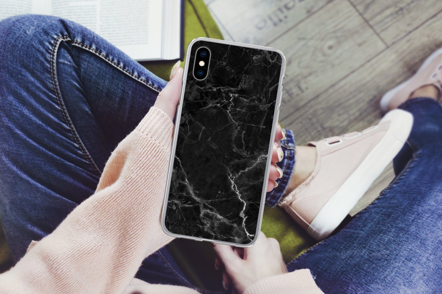 MuchoWow Handyhülle für Apple iPhone X Marmor - Schwarz - Weiß - Textur - Marmoroptik, Smartphone-Bumper, Print, Handy Schutzhülle Dünn
