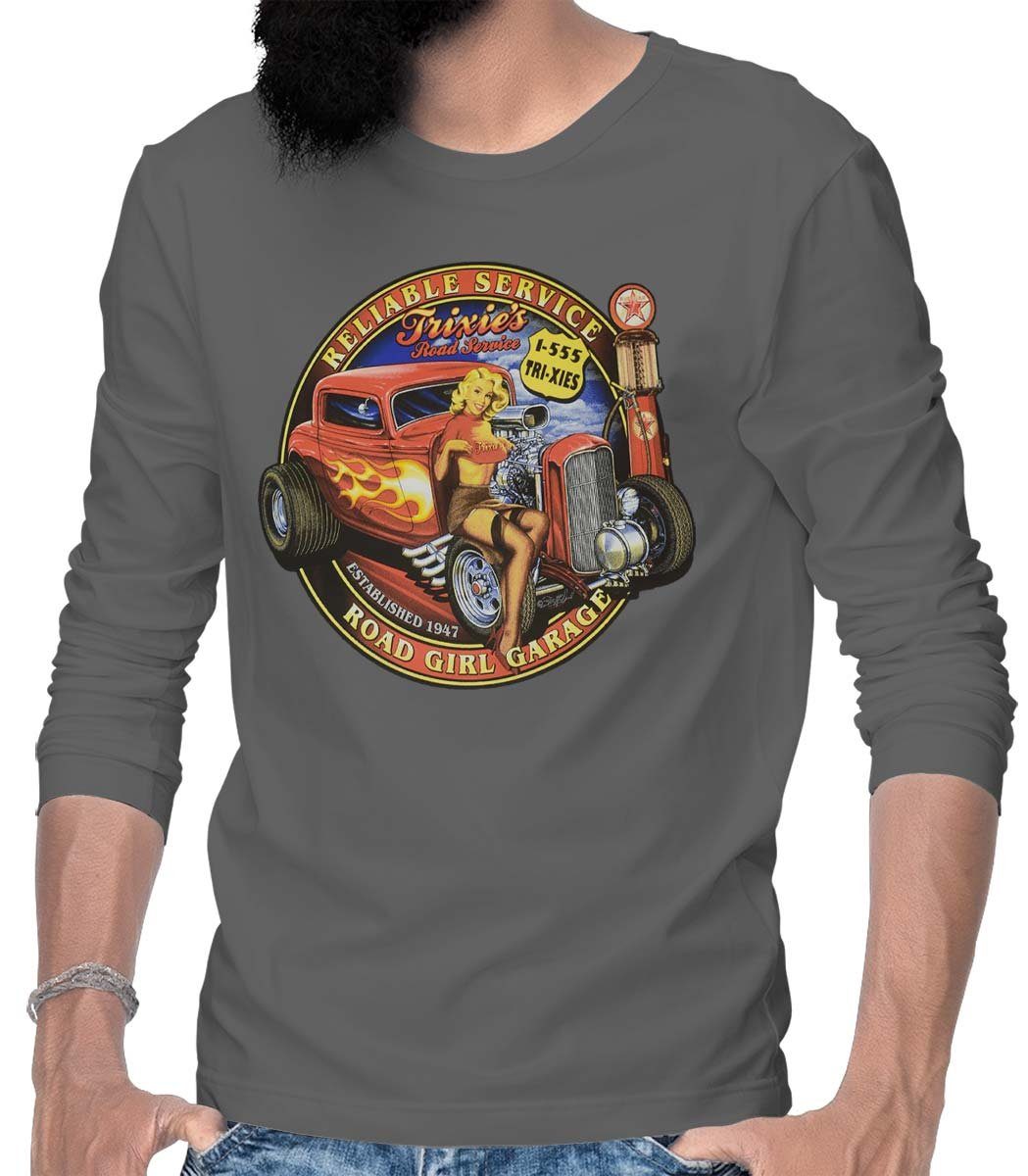 Longsleeve Rebel Grau Langarm T-Shirt Herren Trixies / On Tee mit Longsleeve Hotrod Wheels Roadservice US-Car Motiv