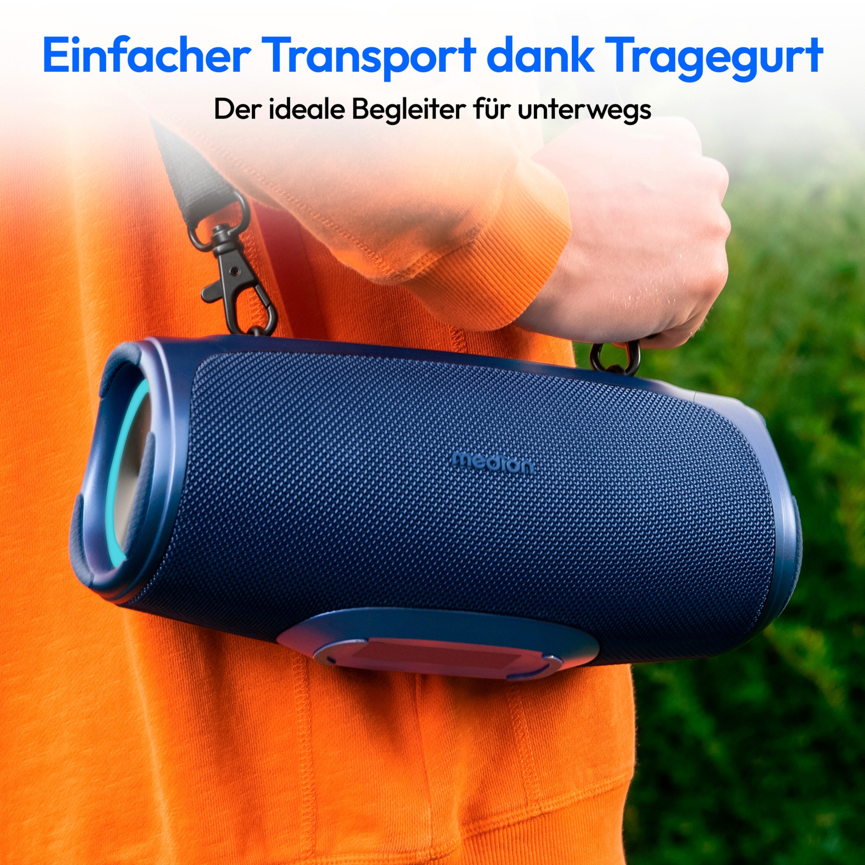 Medion® LIFE® P61746 (MD43746) M Bluetooth-Lautsprecher (A2DP Bluetooth, AVRCP Bluetooth, Bluetooth, 30 W, tragbar, Akku, Bass Boost, Musikbox, RGB, IPX7, Powerbank, Blau)