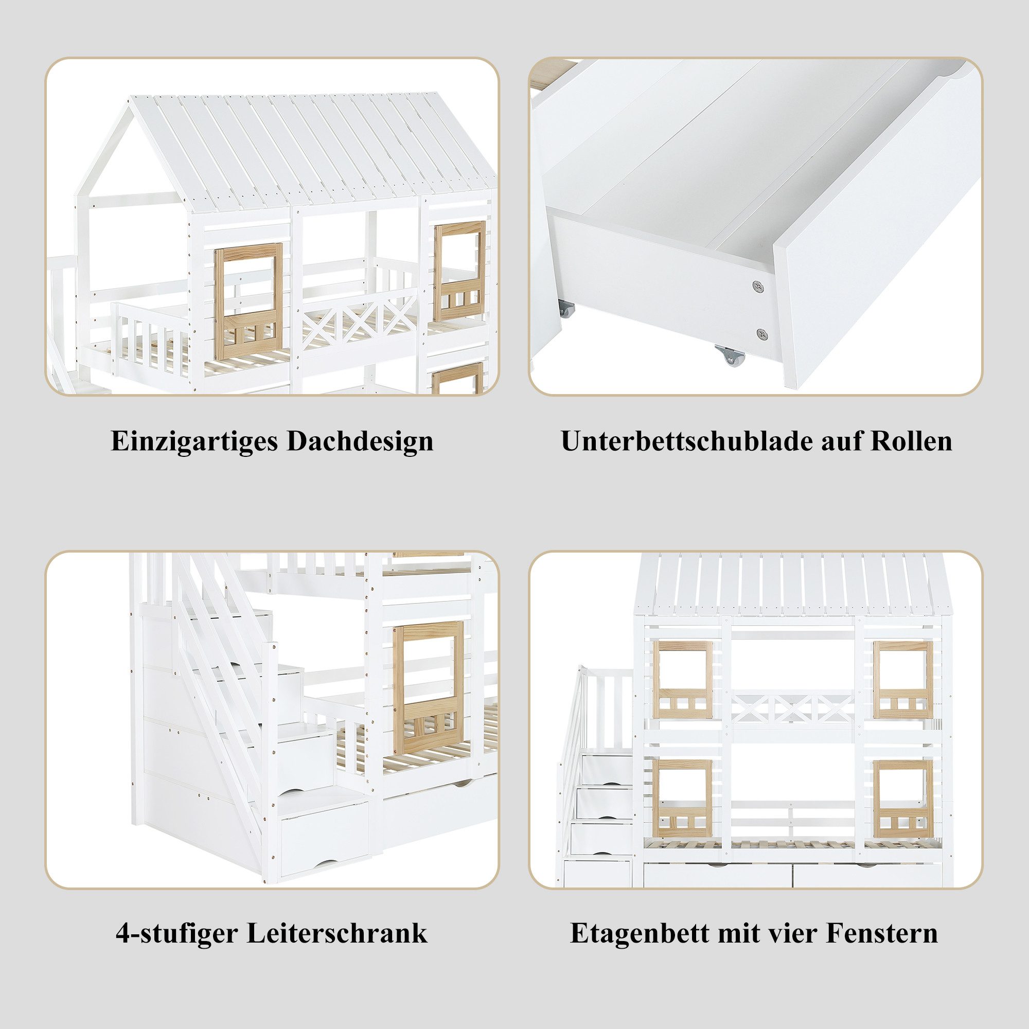 Merax Etagenbett mit Haus-Design und Fallschutz (Stockbett Jugendbett Hausbett, 1-St), Kiefer Kinderbett 90x200cm mit Stauraumtreppe, 2 Schubladen & Fenster – Bild 5 von 5
