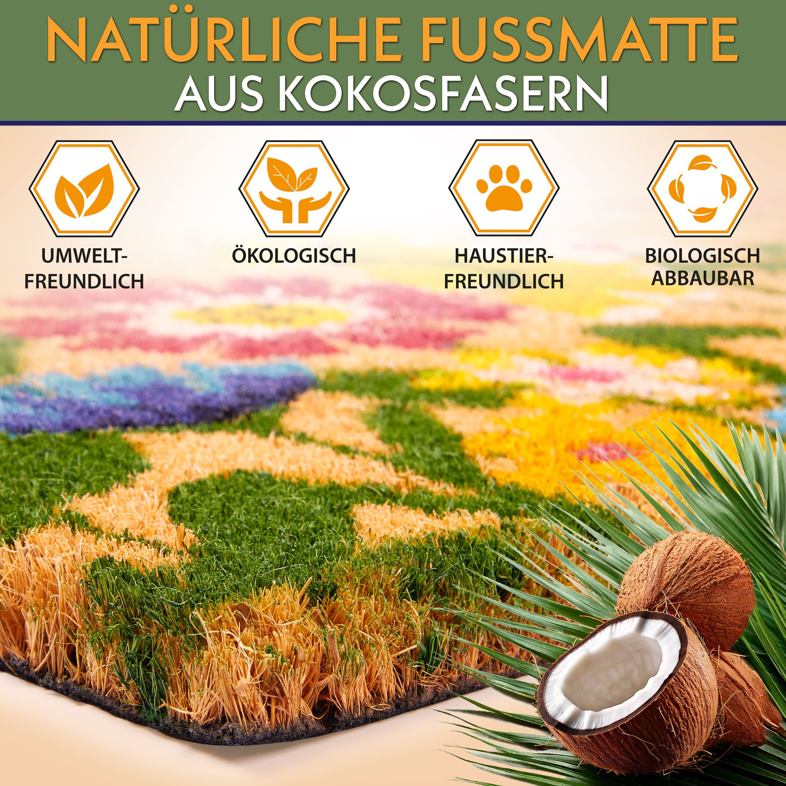 BRUBAKER Fußmatte Blumen und Pflanzen - 45 x 75 cm Schmutzfangmatte - Kokos Fußabtreter, Rechteckig, Höhe: 16 mm, Antirutsch Türmatte für Außen und Innen - Wett – Bild 4 von 5