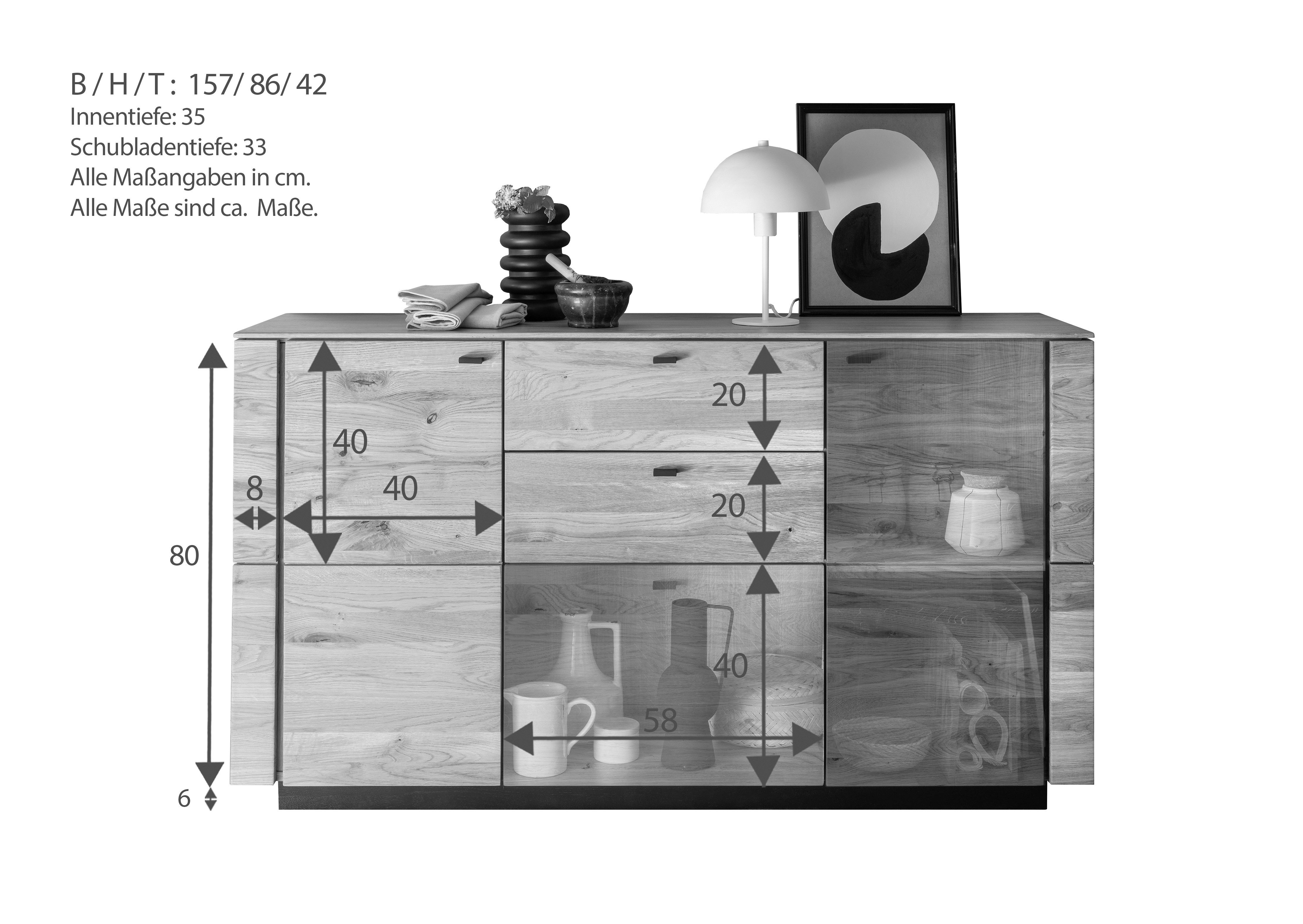 Woodroom Sideboard Zwettl (Wildeiche massiv geölt), Maße 157x86x42, Kommode, Wohnzimmerschrank, massiv
