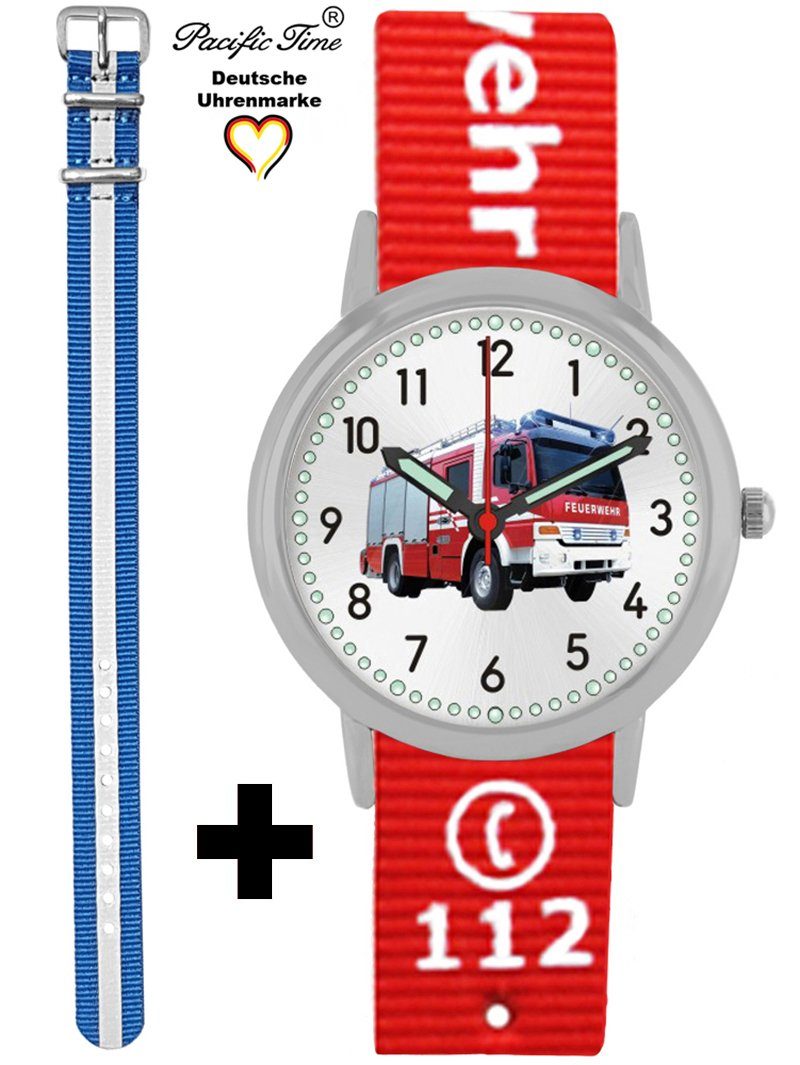 Pacific Time Quarzuhr Set Kinder Armbanduhr Feuerwehr Wechselarmband, Mix und Match Design - Gratis Versand Reflektor blau