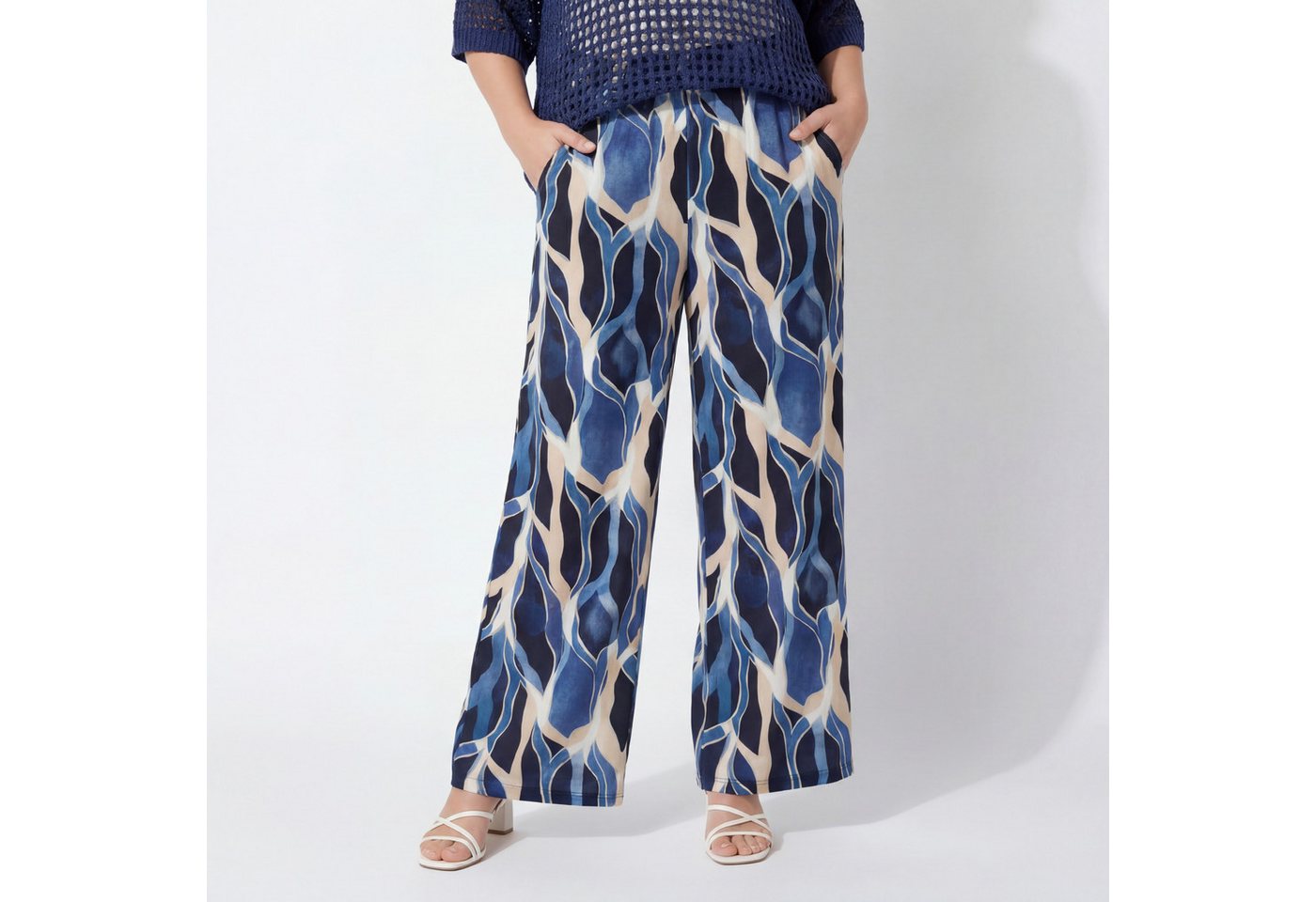 OriginalYou Palazzohose Damen Sommerhose Allover Print Blau Strandhose Taschen Schlupfhose One Size 36-44 passend für (36-40 relaxed, 40-44 regular)
