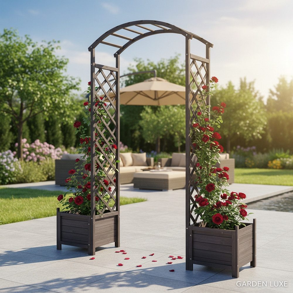 Feel2Home Rosenbogen Rosenbogen Schwarz + Blumenkübel Spalier Rankhilfe Gitter Holz Pergola Stück, 1 St., Rosenbogen mit 2 x Blumenkübeln aus Holz schwarz, Rosenbogen mit 2 x Blumenkübeln
