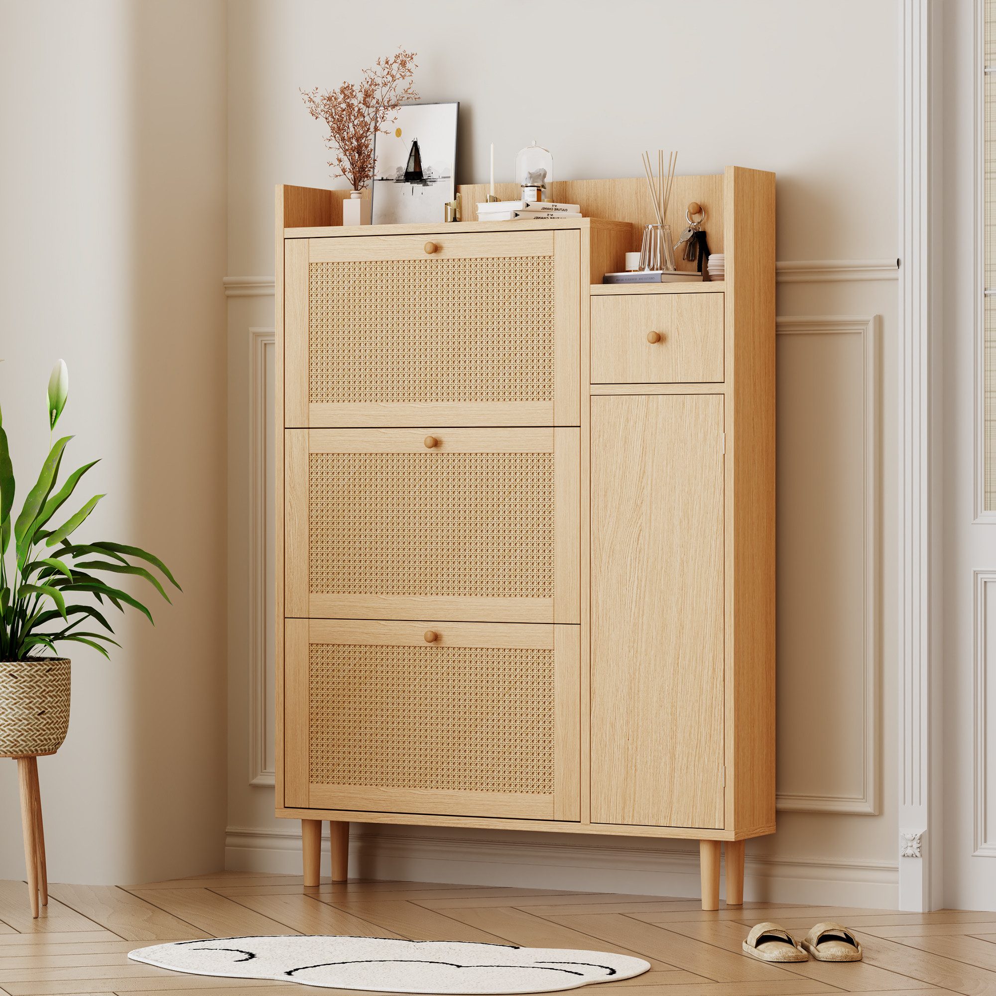 STILVORA Schuhschrank mit Schubladen,Beistellschrank Aufbewahrungsschrank mit Rattantür (Schuhschrank mit 3 Kipp-Türen und 1 Schublade) Maße: B90/H125/T17 cm