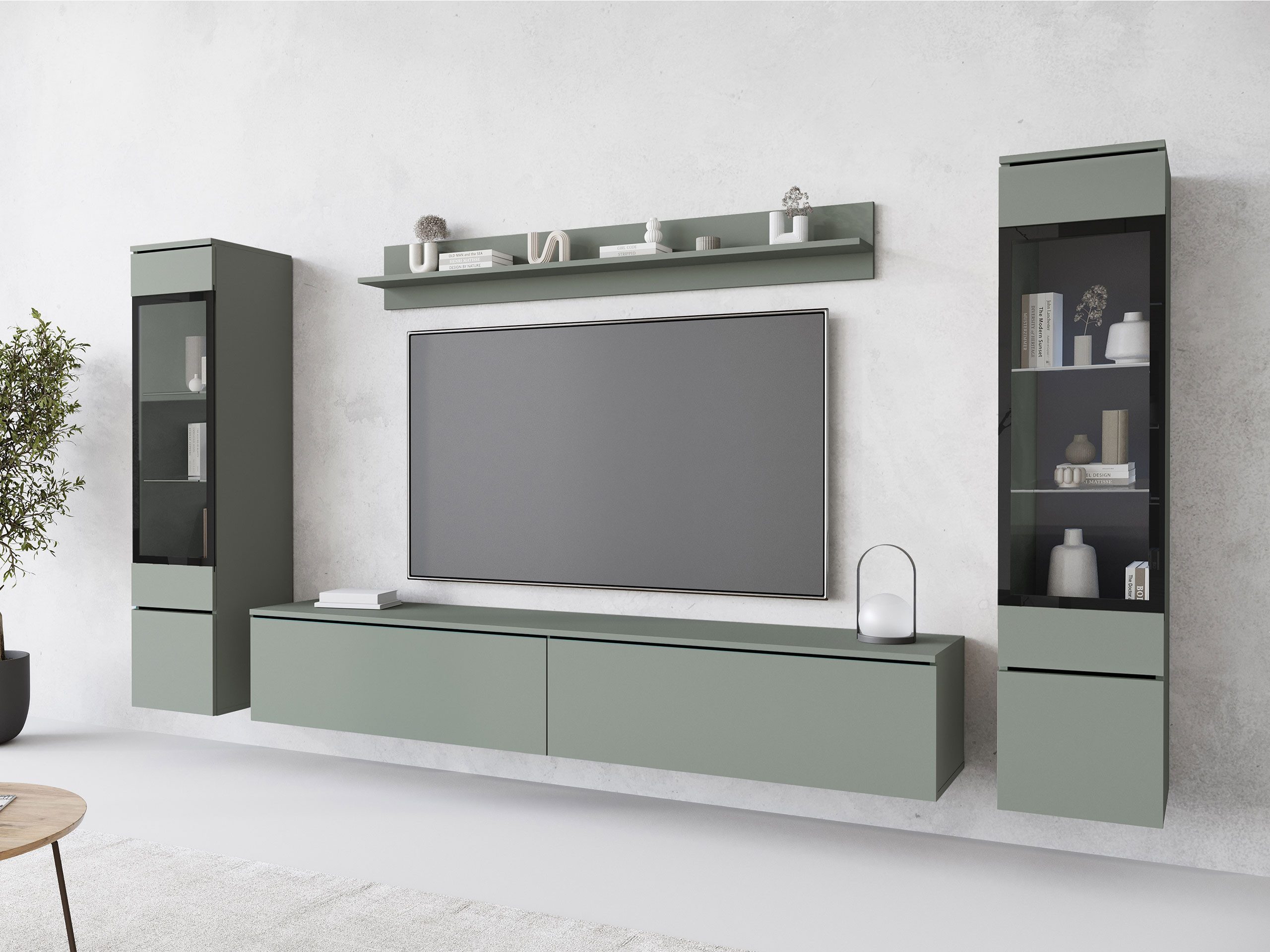 MIRJAN24 Wohnwand Vera II, (4er-Set, Wandregal, TV-Lowboard, 2x Hängevitrine), Glaseinlegeböden, Gehärtetes Glas, LED als Option