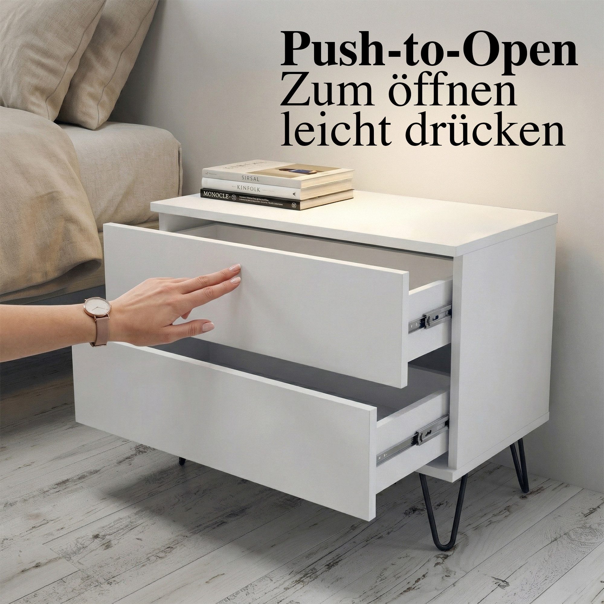 InnoFurn Nachtschrank Aura (Nachtkonsole, optional hängend Beistelltisch) 2 Schubladen mit Push-to-Open & Made in Germany (60 x 43 x 35 cm)